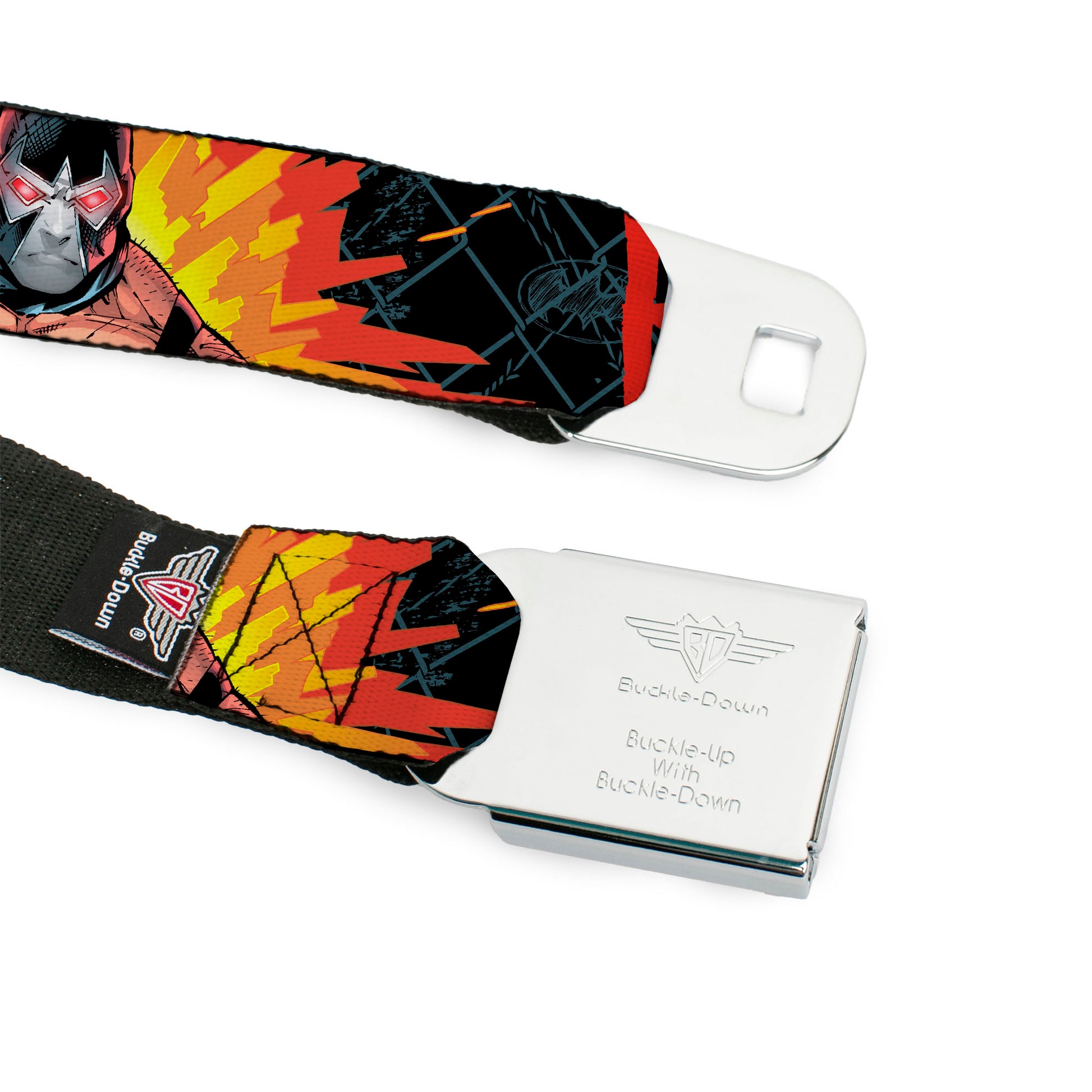 Bane Face Explosion Full Color Seatbelt Belt - BANE Pose/Explosion Bat Signal/Chanlink Black/Gray/Reds Webbing Seatbelt Belts DC Comics