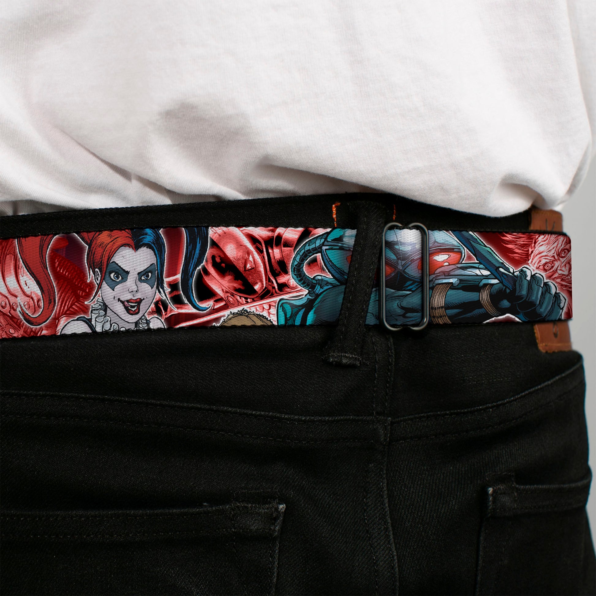 Suicide Squad Target Full Color Black/Red Seatbelt Belt - 5-Suicide Squad Villains Group Reds Webbing Seatbelt Belts DC Comics