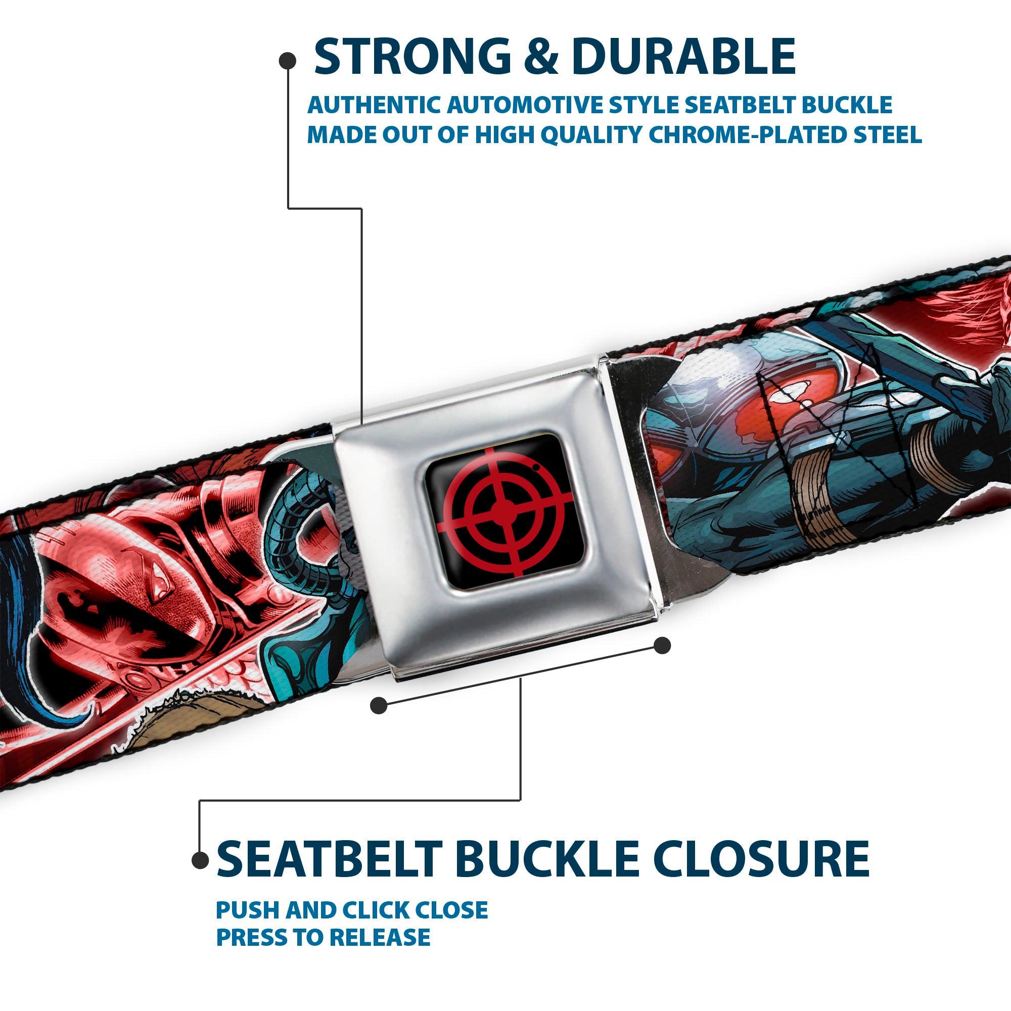 Suicide Squad Target Full Color Black/Red Seatbelt Belt - 5-Suicide Squad Villains Group Reds Webbing Seatbelt Belts DC Comics