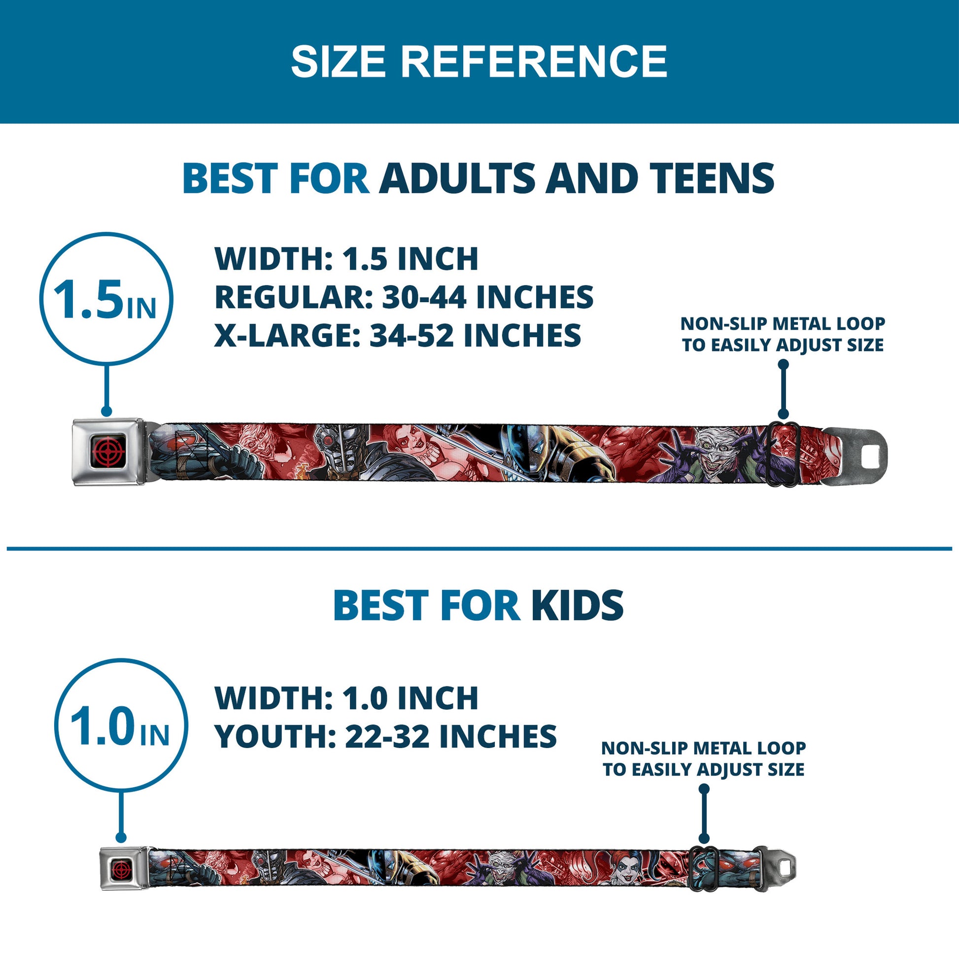 Suicide Squad Target Full Color Black/Red Seatbelt Belt - 5-Suicide Squad Villains Group Reds Webbing Seatbelt Belts DC Comics