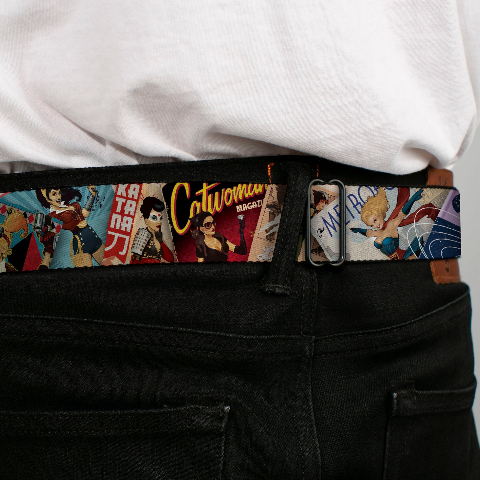 DC COMICS BOMBSHELLS Rays Full Color Black Gray Orange-Red Fade Seatbelt Belt - 8-DC Bombshell Comic Book Covers Stacked Webbing Seatbelt Belts DC Comics