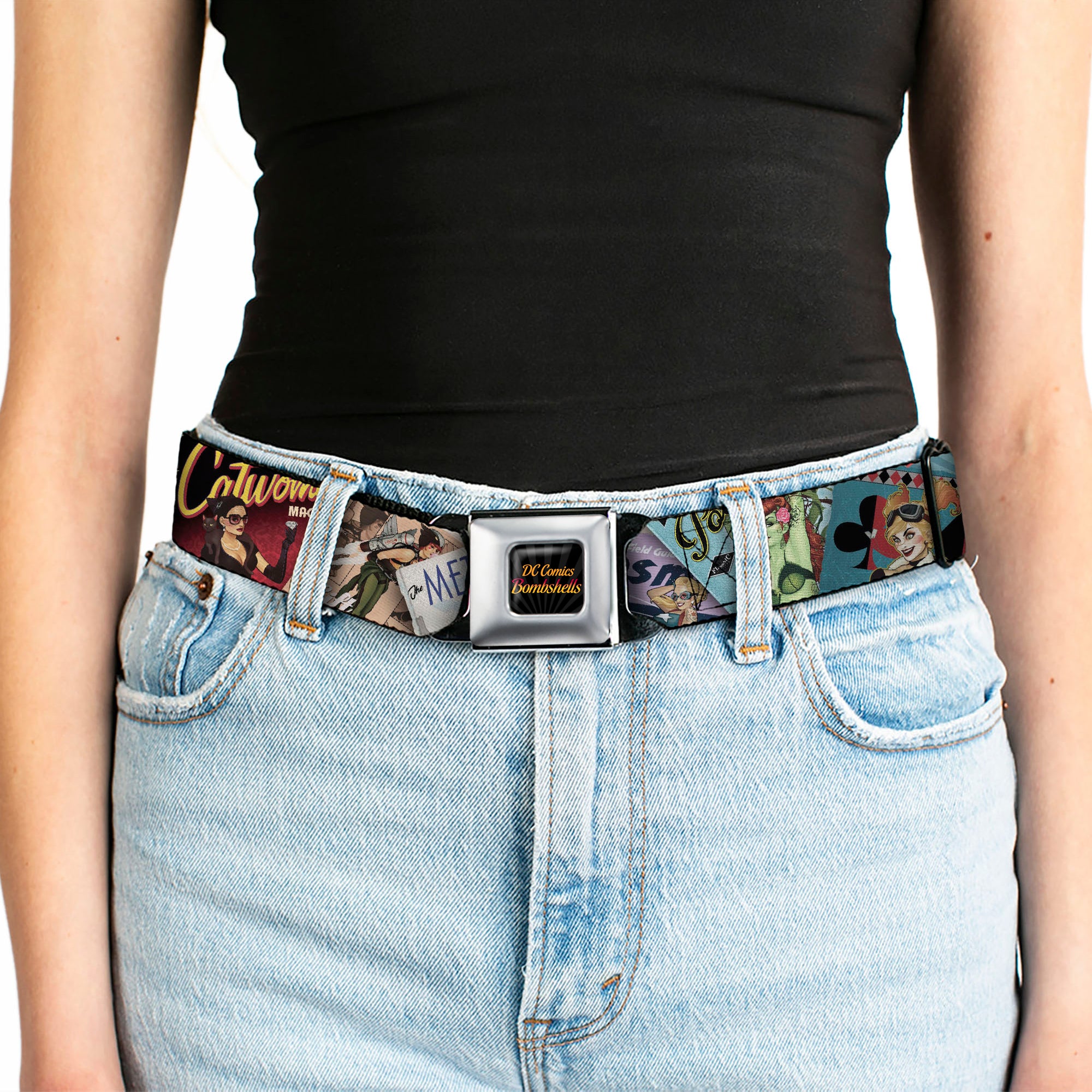 DC COMICS BOMBSHELLS Rays Full Color Black Gray Orange-Red Fade Seatbelt Belt - 8-DC Bombshell Comic Book Covers Stacked Webbing Seatbelt Belts DC Comics