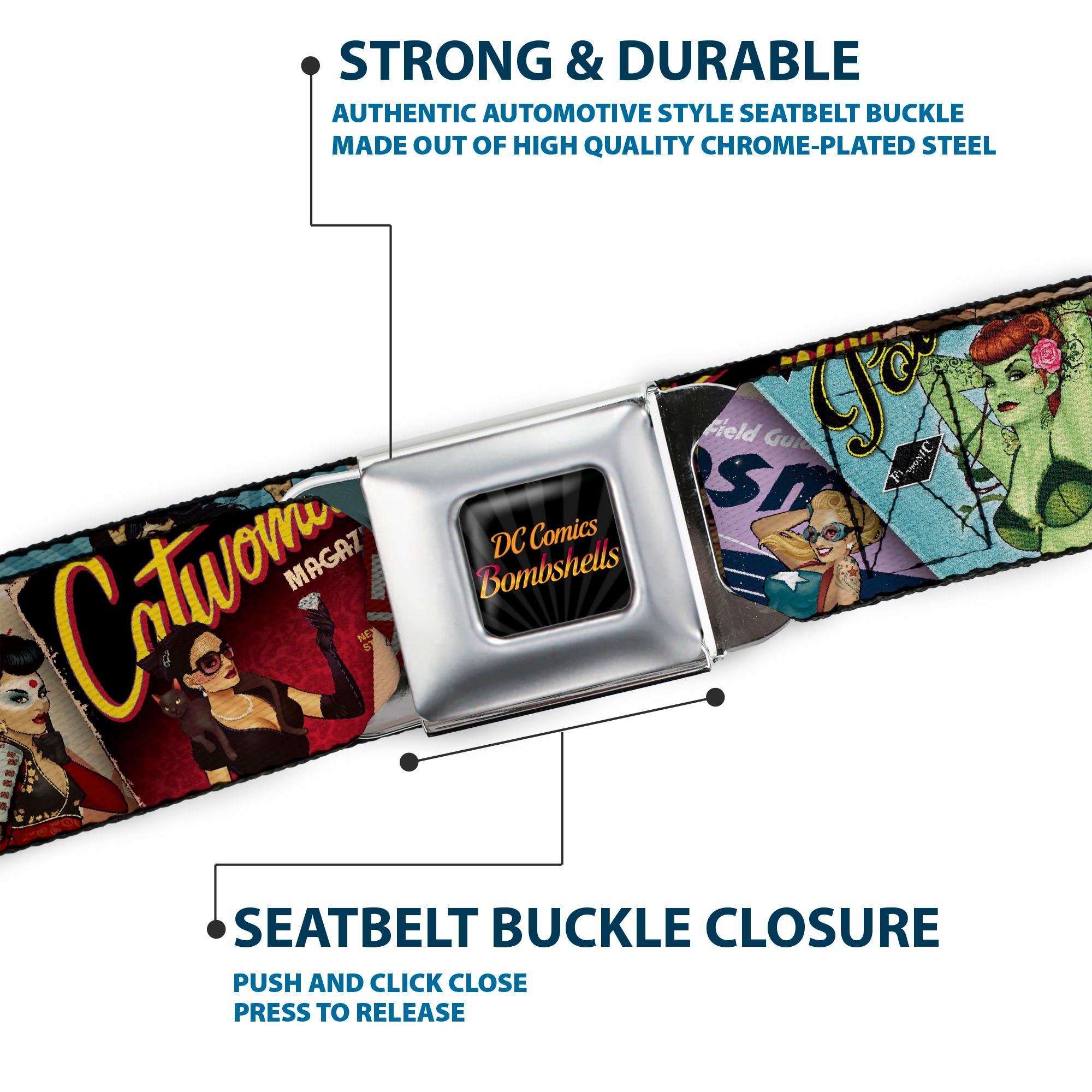 DC COMICS BOMBSHELLS Rays Full Color Black Gray Orange-Red Fade Seatbelt Belt - 8-DC Bombshell Comic Book Covers Stacked Webbing Seatbelt Belts DC Comics