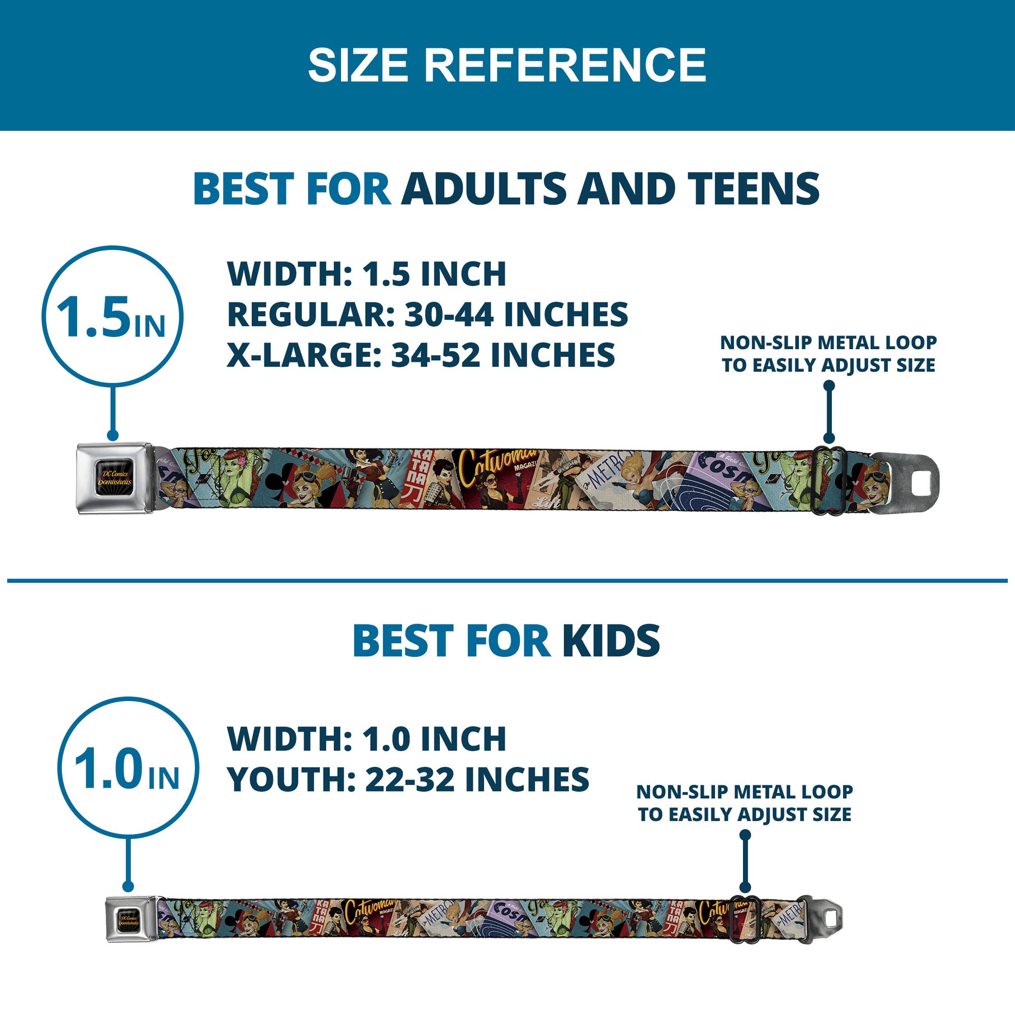 DC COMICS BOMBSHELLS Rays Full Color Black Gray Orange-Red Fade Seatbelt Belt - 8-DC Bombshell Comic Book Covers Stacked Webbing Seatbelt Belts DC Comics