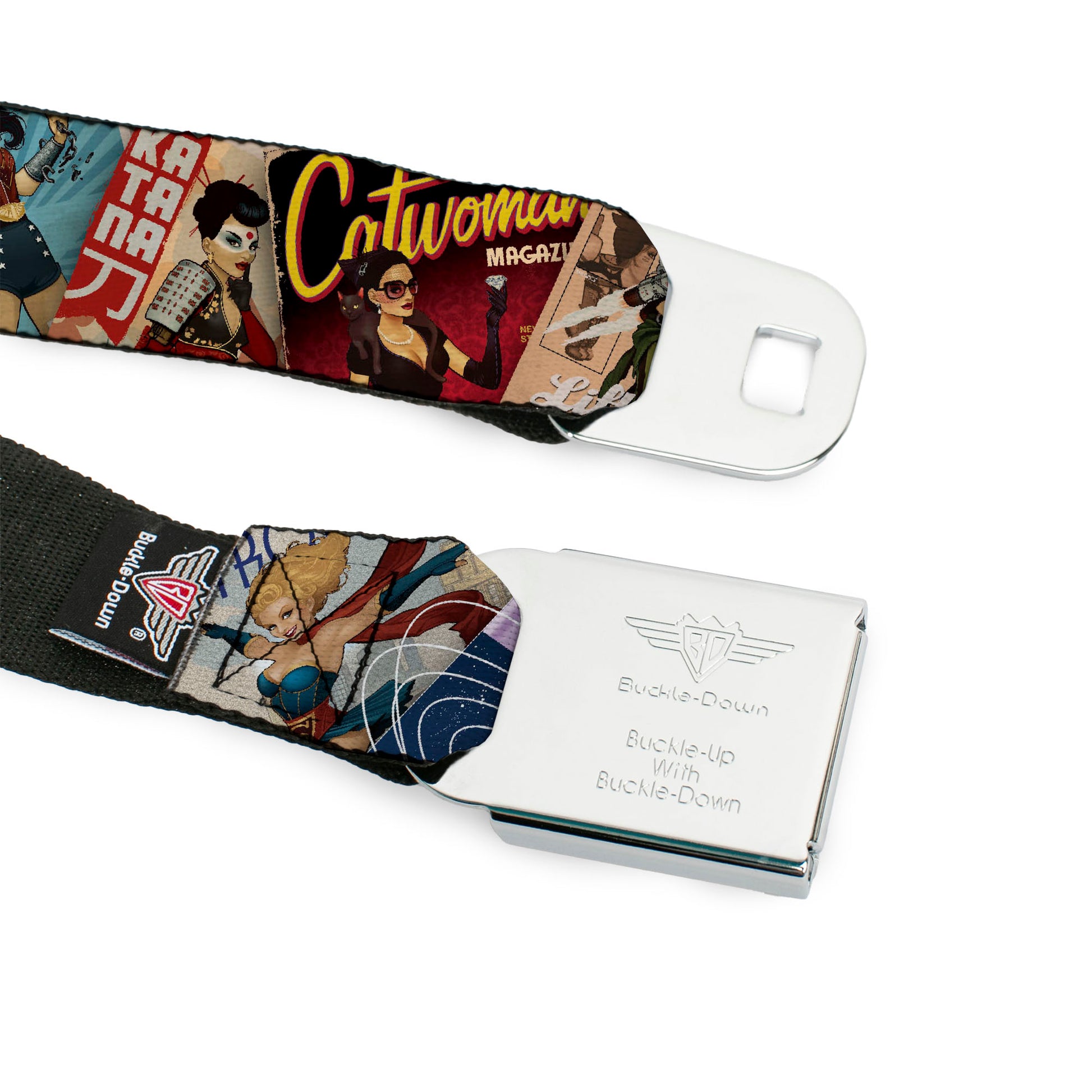 DC COMICS BOMBSHELLS Rays Full Color Black Gray Orange-Red Fade Seatbelt Belt - 8-DC Bombshell Comic Book Covers Stacked Webbing Seatbelt Belts DC Comics