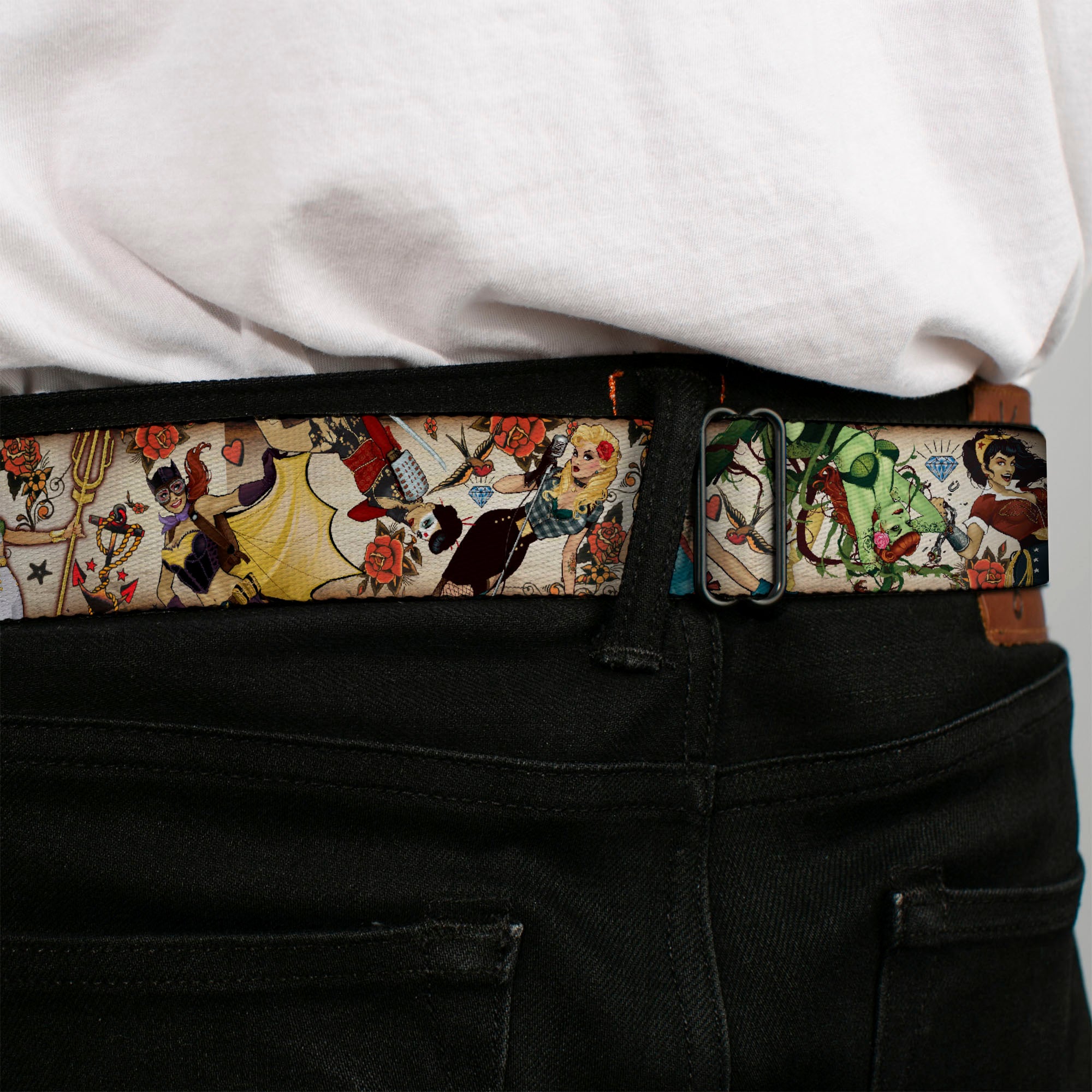 DC COMICS BOMBSHELLS Rays Full Color Black Gray Orange-Red Fade Seatbelt Belt - 10-DC Bombshells/Traditional Tattoos Scattered Tan Webbing Seatbelt Belts DC Comics