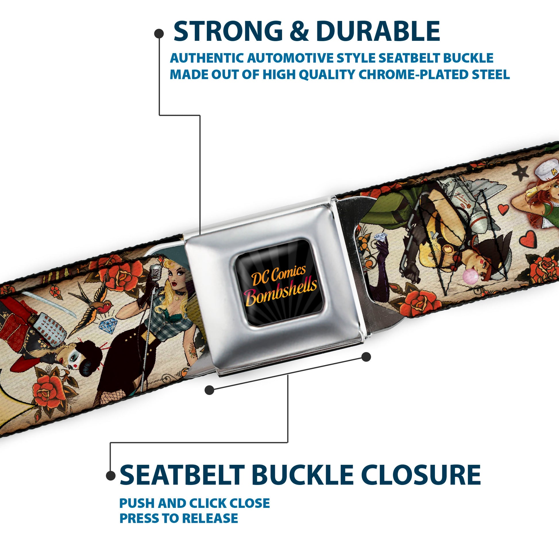 DC COMICS BOMBSHELLS Rays Full Color Black Gray Orange-Red Fade Seatbelt Belt - 10-DC Bombshells/Traditional Tattoos Scattered Tan Webbing Seatbelt Belts DC Comics