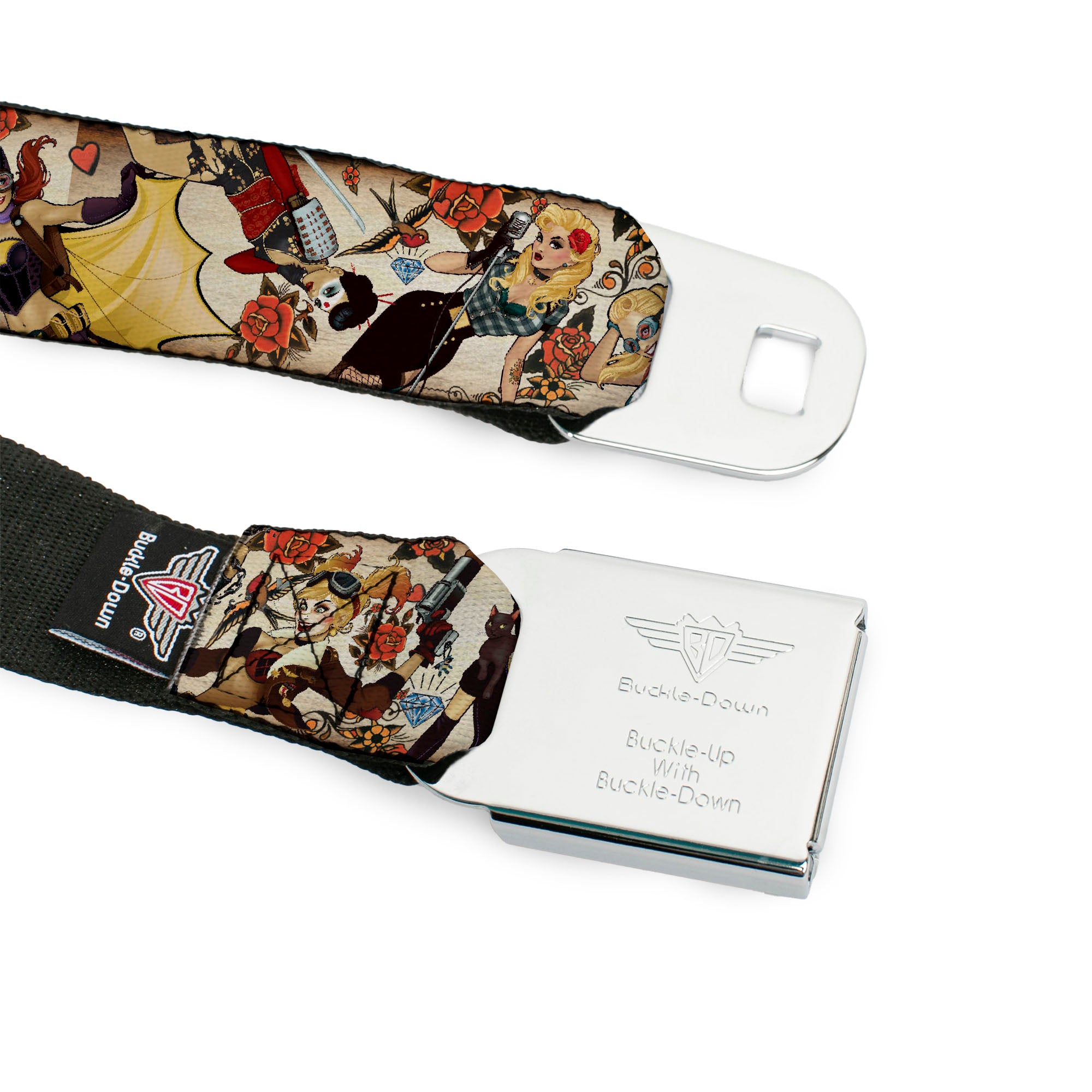 DC COMICS BOMBSHELLS Rays Full Color Black Gray Orange-Red Fade Seatbelt Belt - 10-DC Bombshells/Traditional Tattoos Scattered Tan Webbing Seatbelt Belts DC Comics