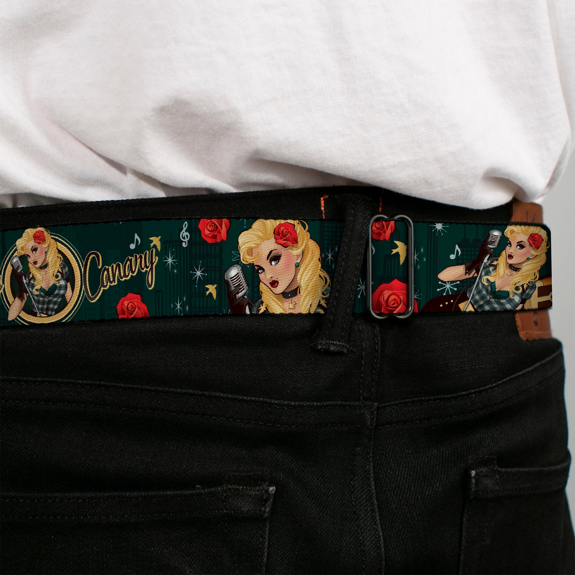 DC COMICS BOMBSHELLS Rays Full Color Black Gray Orange-Red Fade Seatbelt Belt - BLACK CANARY Bombshell Pose/Roses Greens/Reds/Yellow Webbing Seatbelt Belts DC Comics