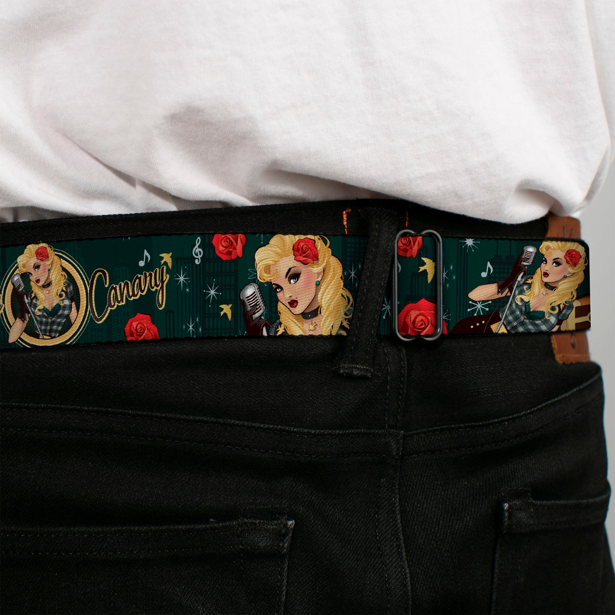 DC COMICS BOMBSHELLS Rays Full Color Black Gray Orange-Red Fade Seatbelt Belt - BLACK CANARY Bombshell Pose/Roses Greens/Reds/Yellow Webbing Seatbelt Belts DC Comics