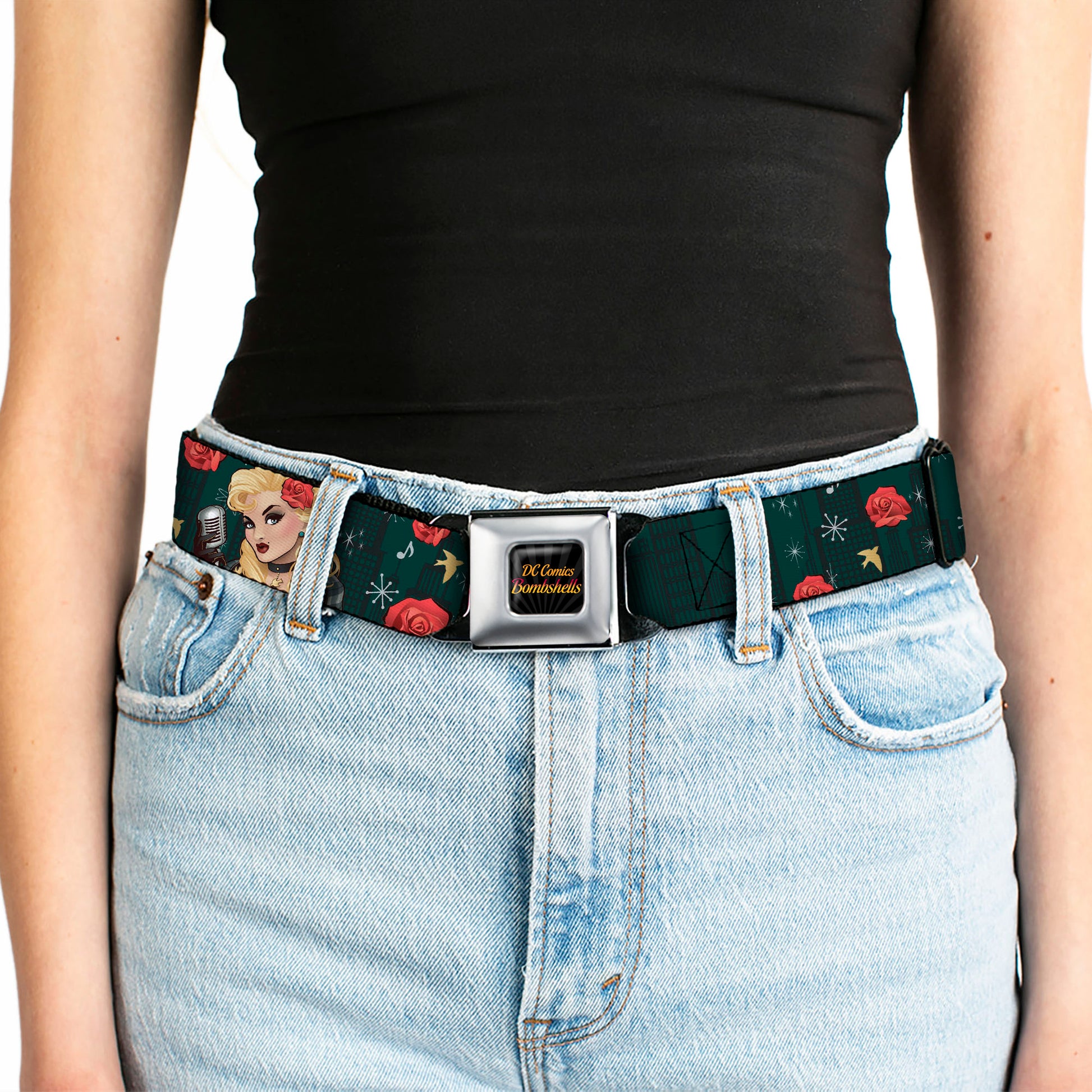 DC COMICS BOMBSHELLS Rays Full Color Black Gray Orange-Red Fade Seatbelt Belt - BLACK CANARY Bombshell Pose/Roses Greens/Reds/Yellow Webbing Seatbelt Belts DC Comics