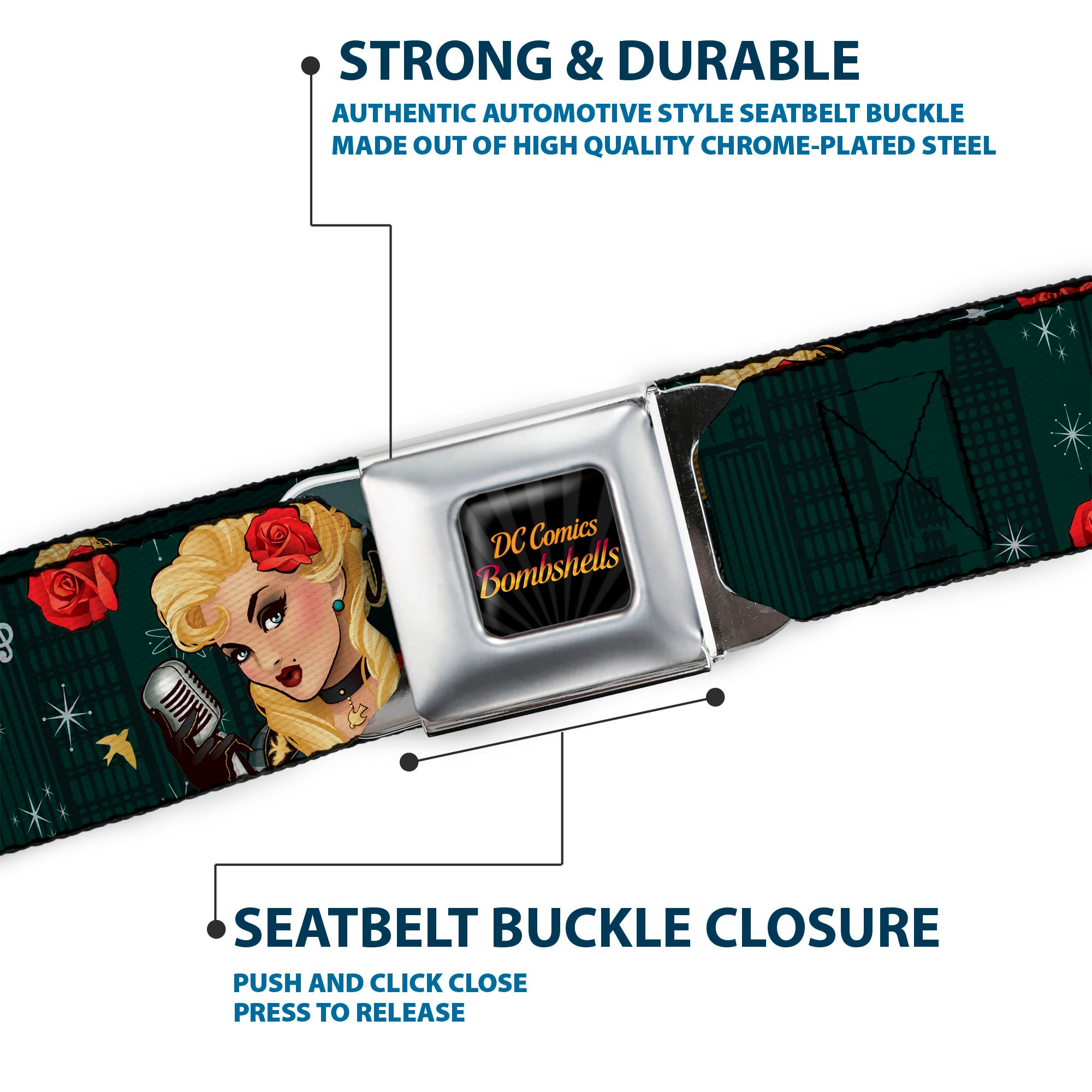 DC COMICS BOMBSHELLS Rays Full Color Black Gray Orange-Red Fade Seatbelt Belt - BLACK CANARY Bombshell Pose/Roses Greens/Reds/Yellow Webbing Seatbelt Belts DC Comics