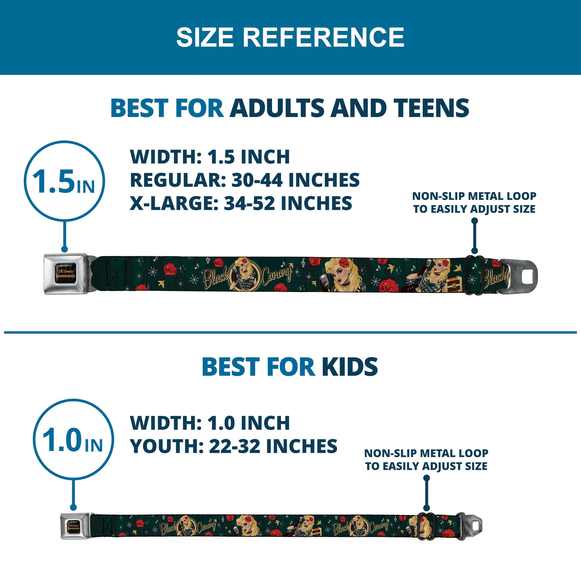 DC COMICS BOMBSHELLS Rays Full Color Black Gray Orange-Red Fade Seatbelt Belt - BLACK CANARY Bombshell Pose/Roses Greens/Reds/Yellow Webbing Seatbelt Belts DC Comics