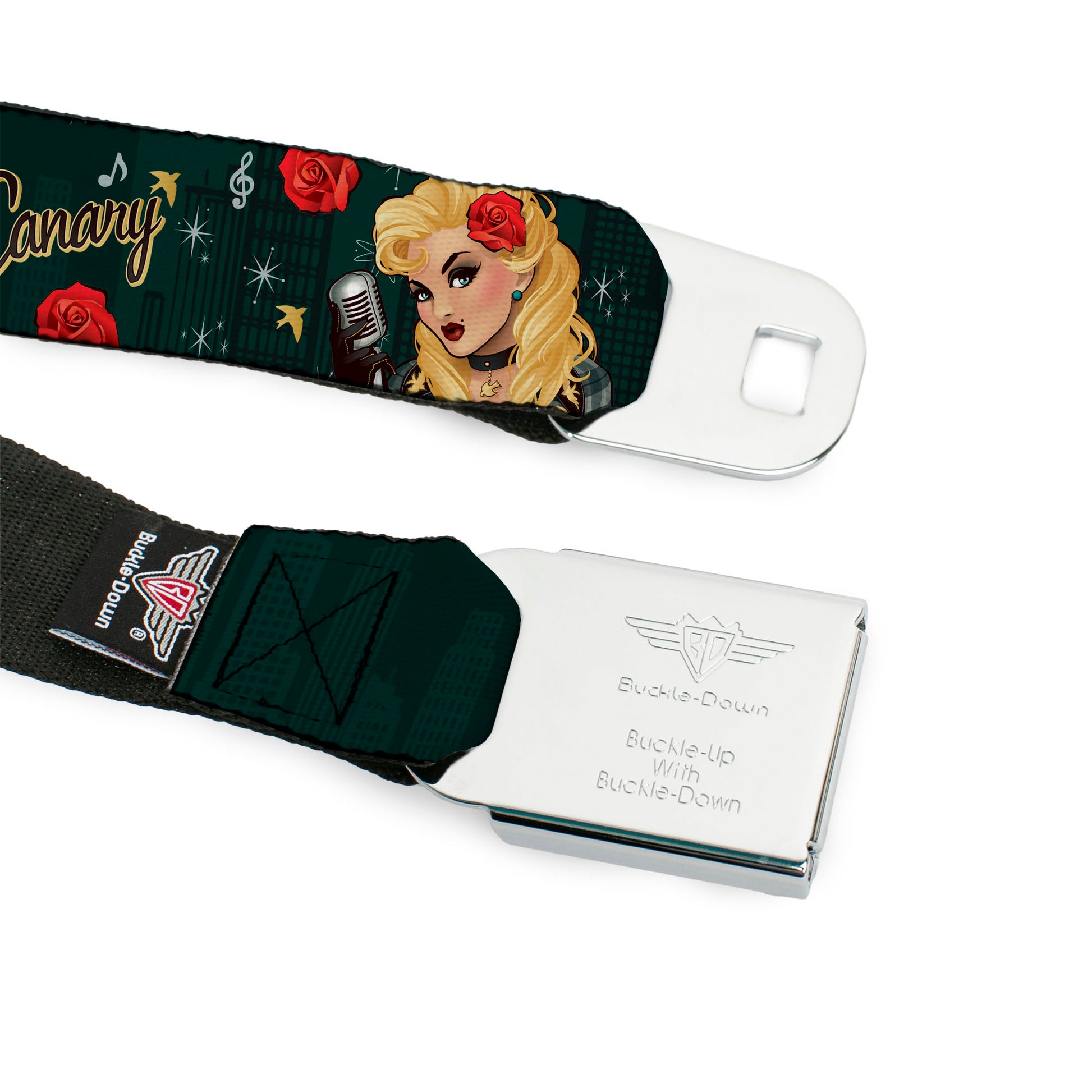 DC COMICS BOMBSHELLS Rays Full Color Black Gray Orange-Red Fade Seatbelt Belt - BLACK CANARY Bombshell Pose/Roses Greens/Reds/Yellow Webbing Seatbelt Belts DC Comics