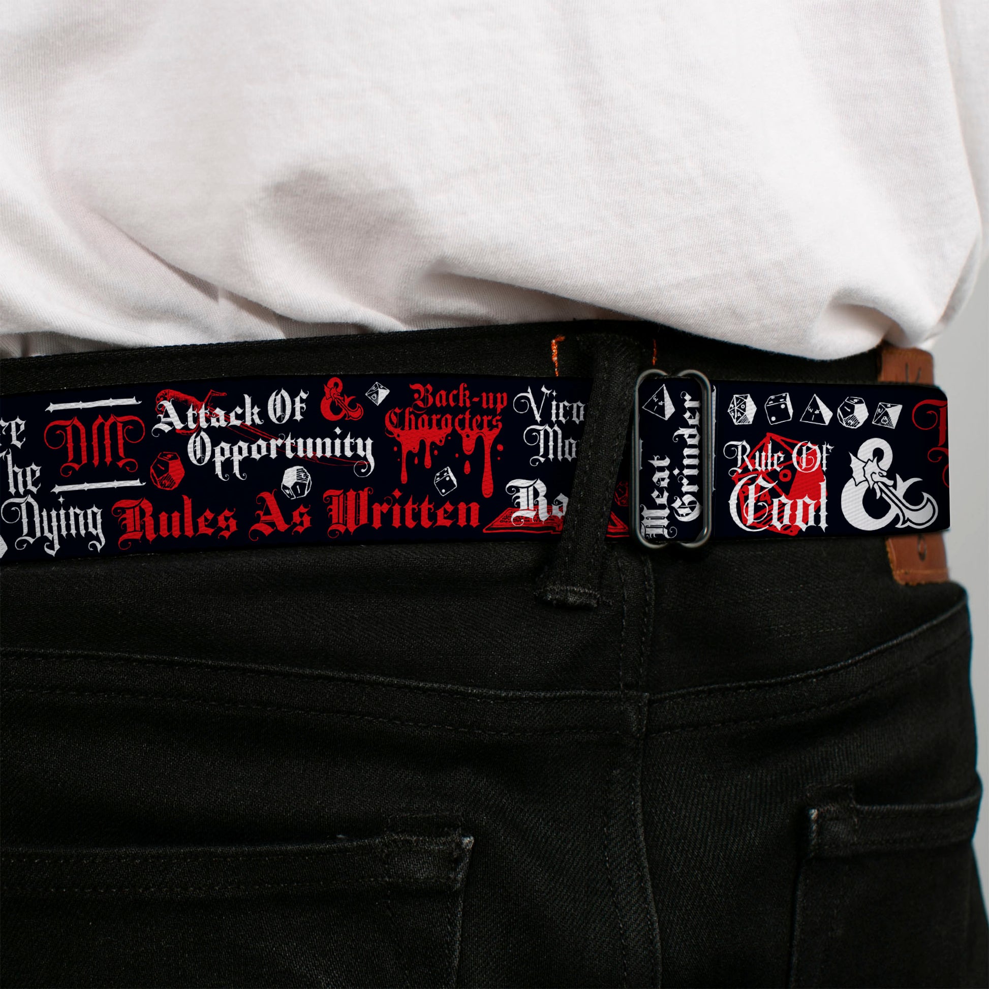 DUNGEONS & DRAGONS Title Logo Full Color Black/Red Seatbelt Belt - Dungeons and Dragons DRAGON MASTER Collage Black/Red/White Webbing Seatbelt Belts Dungeons & Dragons