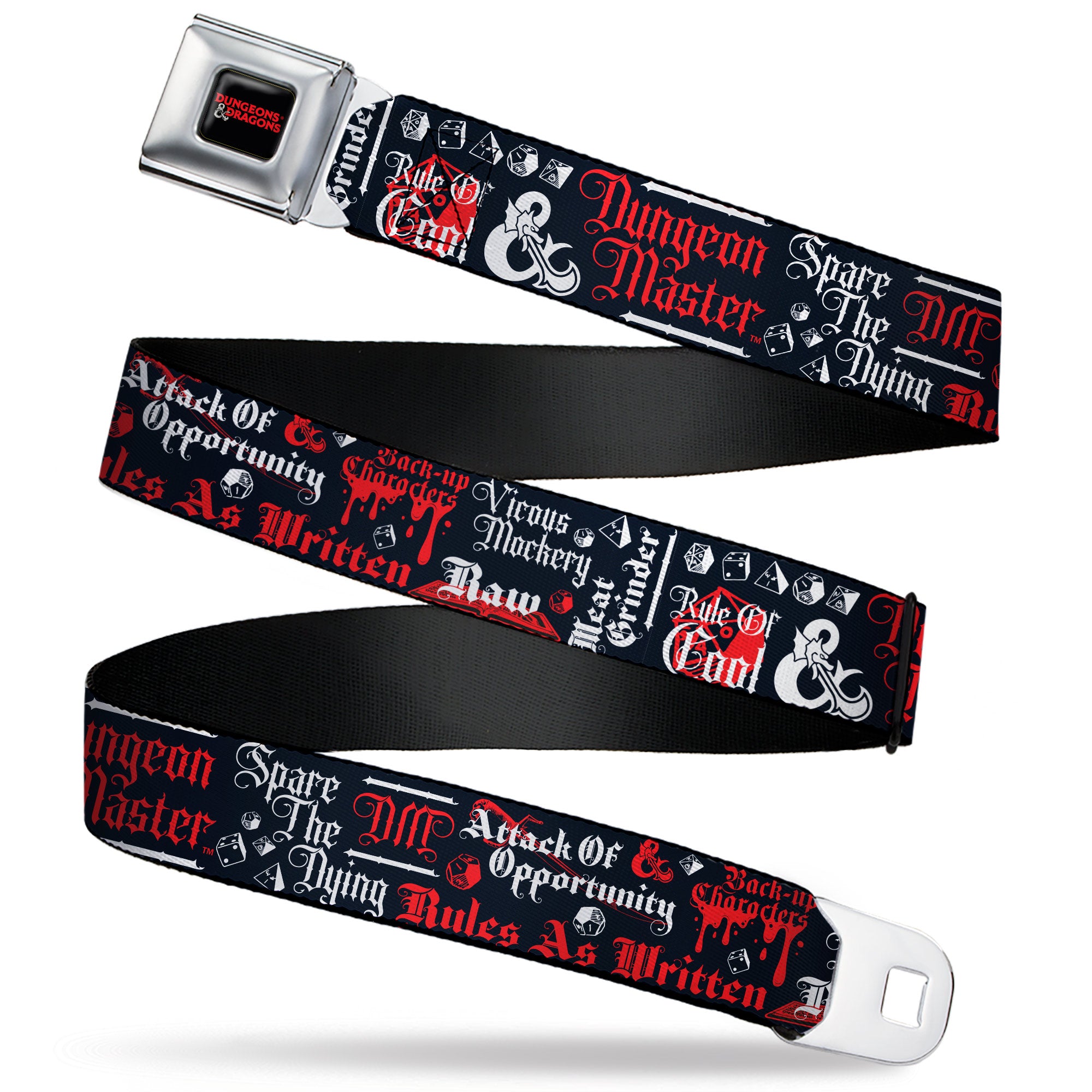 DUNGEONS & DRAGONS Title Logo Full Color Black/Red Seatbelt Belt - Dungeons and Dragons DRAGON MASTER Collage Black/Red/White Webbing Seatbelt Belts Dungeons & Dragons