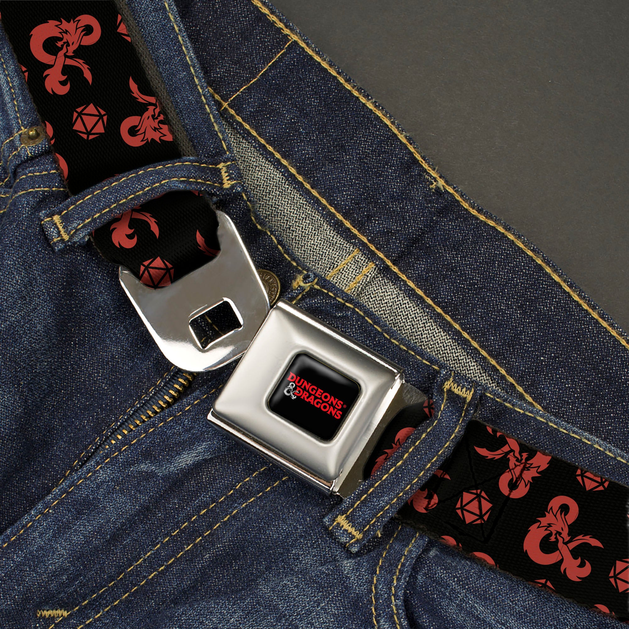 DUNGEONS & DRAGONS Title Logo Full Color Black/Red Seatbelt Belt - Dungeons & Dragons Ampersand Icon and Dice Collage Black/Red Webbing Seatbelt Belts Dungeons & Dragons