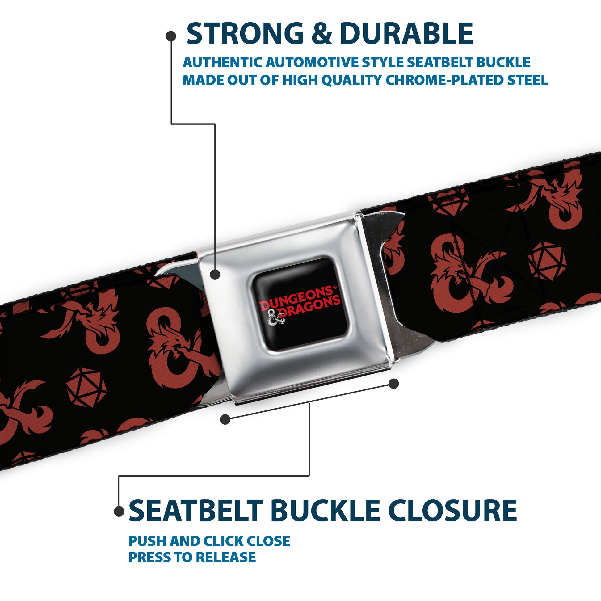 DUNGEONS & DRAGONS Title Logo Full Color Black/Red Seatbelt Belt - Dungeons & Dragons Ampersand Icon and Dice Collage Black/Red Webbing Seatbelt Belts Dungeons & Dragons