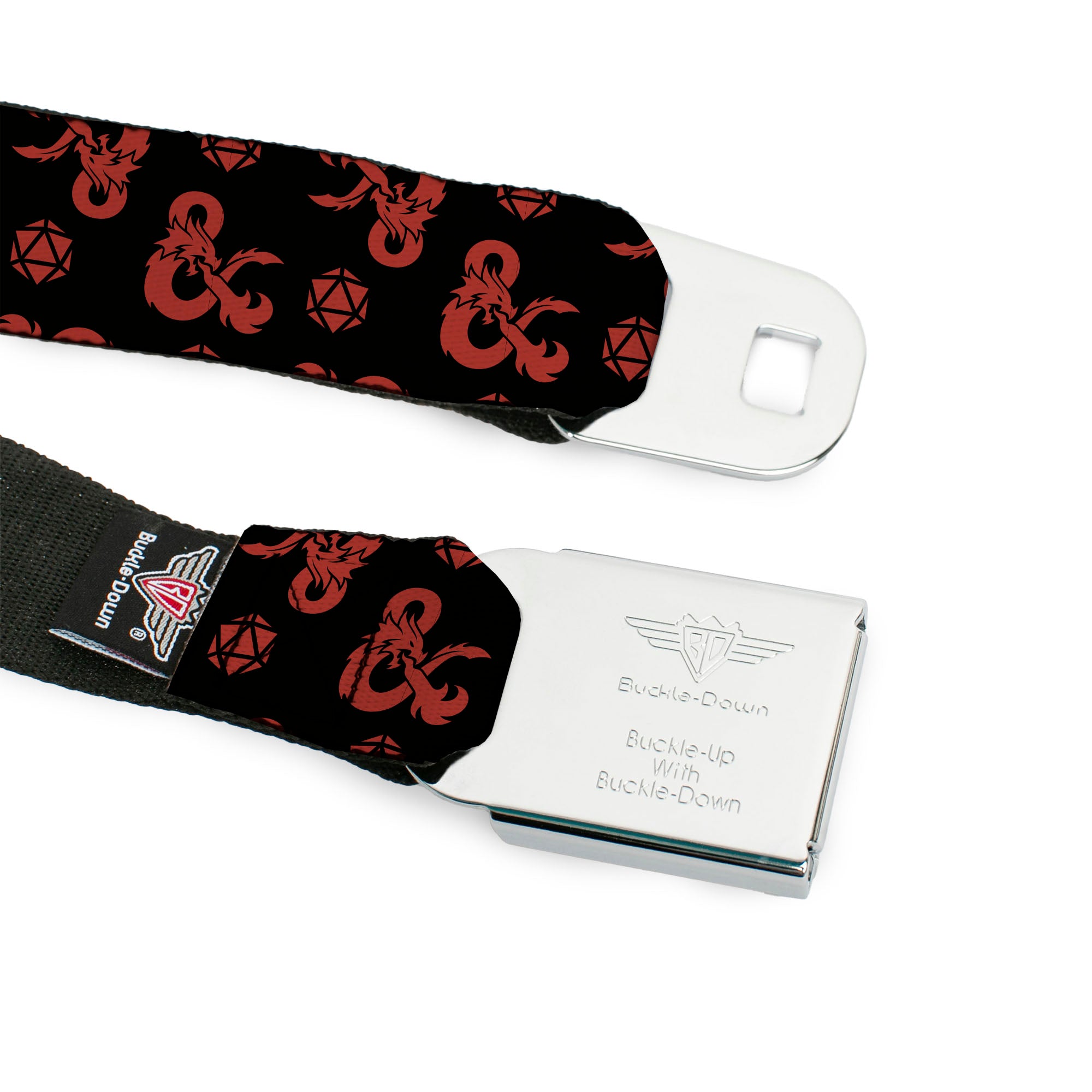 DUNGEONS & DRAGONS Title Logo Full Color Black/Red Seatbelt Belt - Dungeons & Dragons Ampersand Icon and Dice Collage Black/Red Webbing Seatbelt Belts Dungeons & Dragons