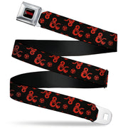 DUNGEONS & DRAGONS Title Logo Full Color Black/Red Seatbelt Belt - Dungeons & Dragons Ampersand Icon and Dice Collage Black/Red Webbing Seatbelt Belts Dungeons & Dragons
