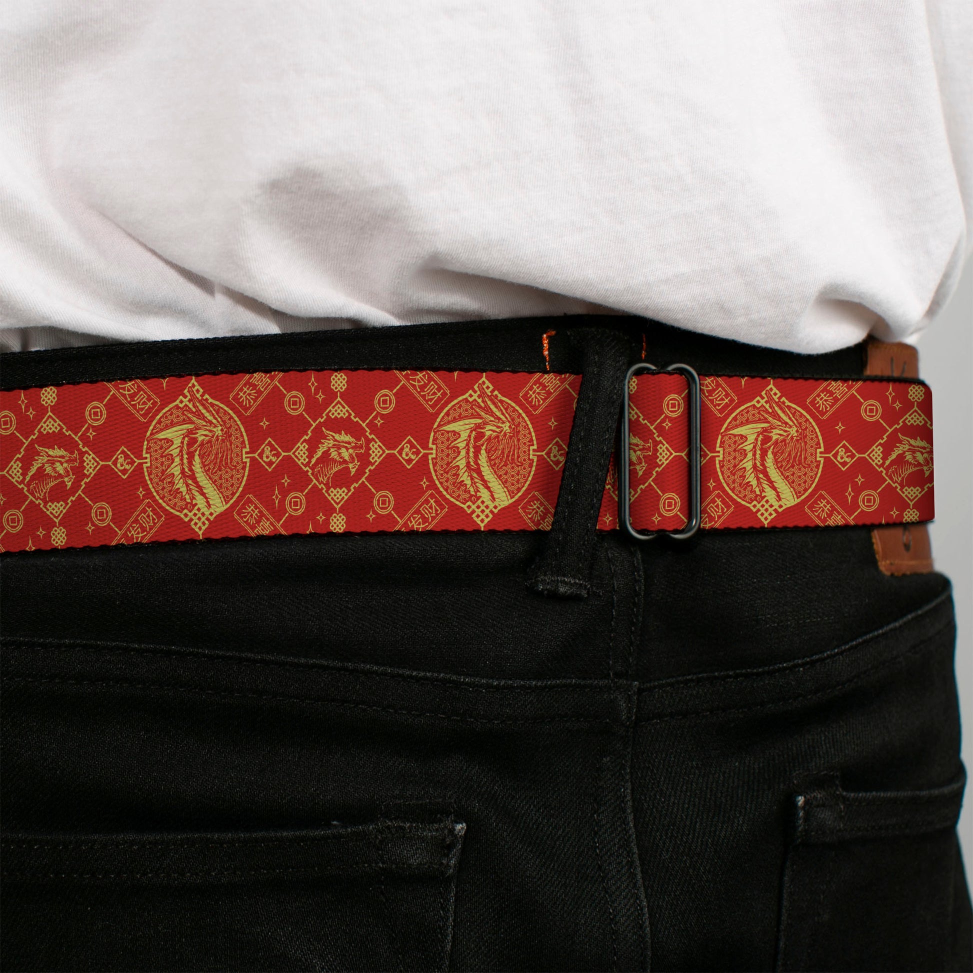 DUNGEONS & DRAGONS Title Logo Full Color Black/Red Seatbelt Belt - Dungeons & Dragons Year of the Dragon Icons Red/Yellow Webbing Seatbelt Belts Dungeons & Dragons