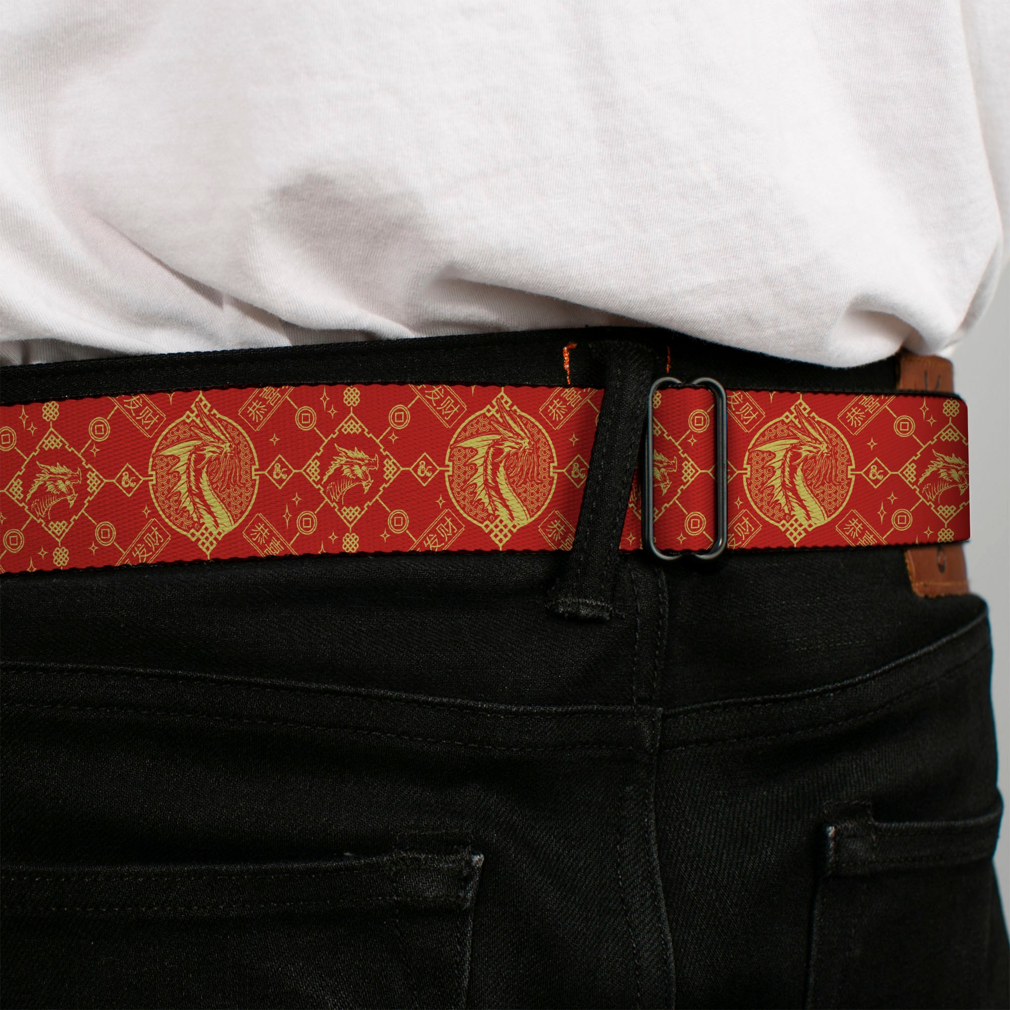 DUNGEONS & DRAGONS Title Logo Full Color Black/Red Seatbelt Belt - Dungeons & Dragons Year of the Dragon Icons Red/Yellow Webbing Seatbelt Belts Dungeons & Dragons