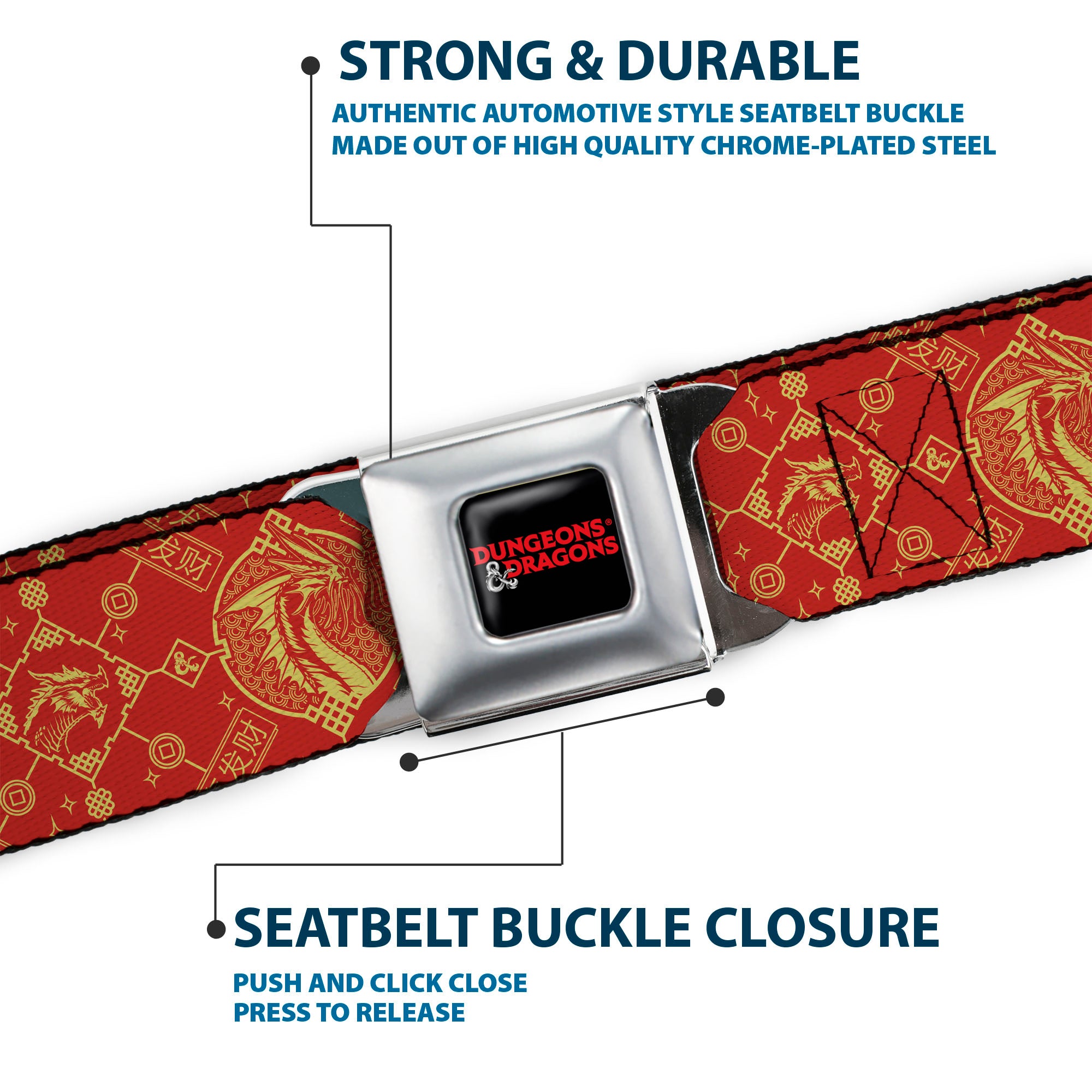 DUNGEONS & DRAGONS Title Logo Full Color Black/Red Seatbelt Belt - Dungeons & Dragons Year of the Dragon Icons Red/Yellow Webbing Seatbelt Belts Dungeons & Dragons