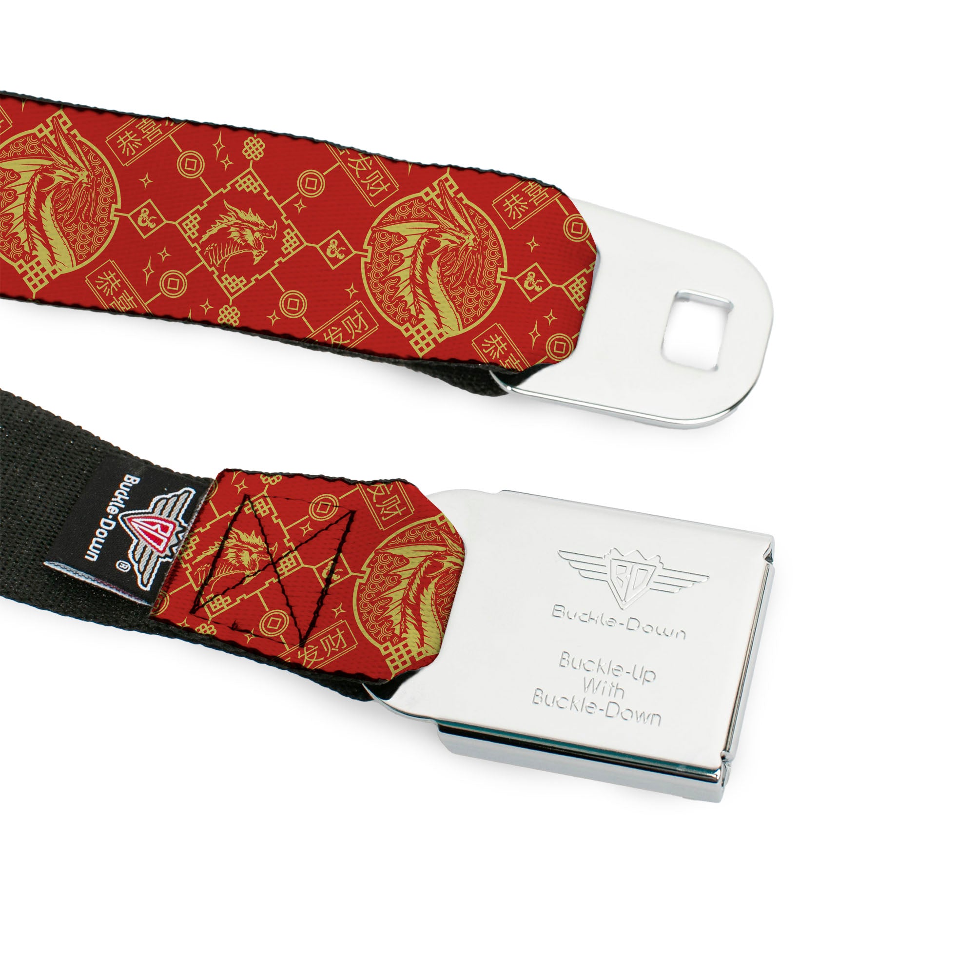 DUNGEONS & DRAGONS Title Logo Full Color Black/Red Seatbelt Belt - Dungeons & Dragons Year of the Dragon Icons Red/Yellow Webbing Seatbelt Belts Dungeons & Dragons