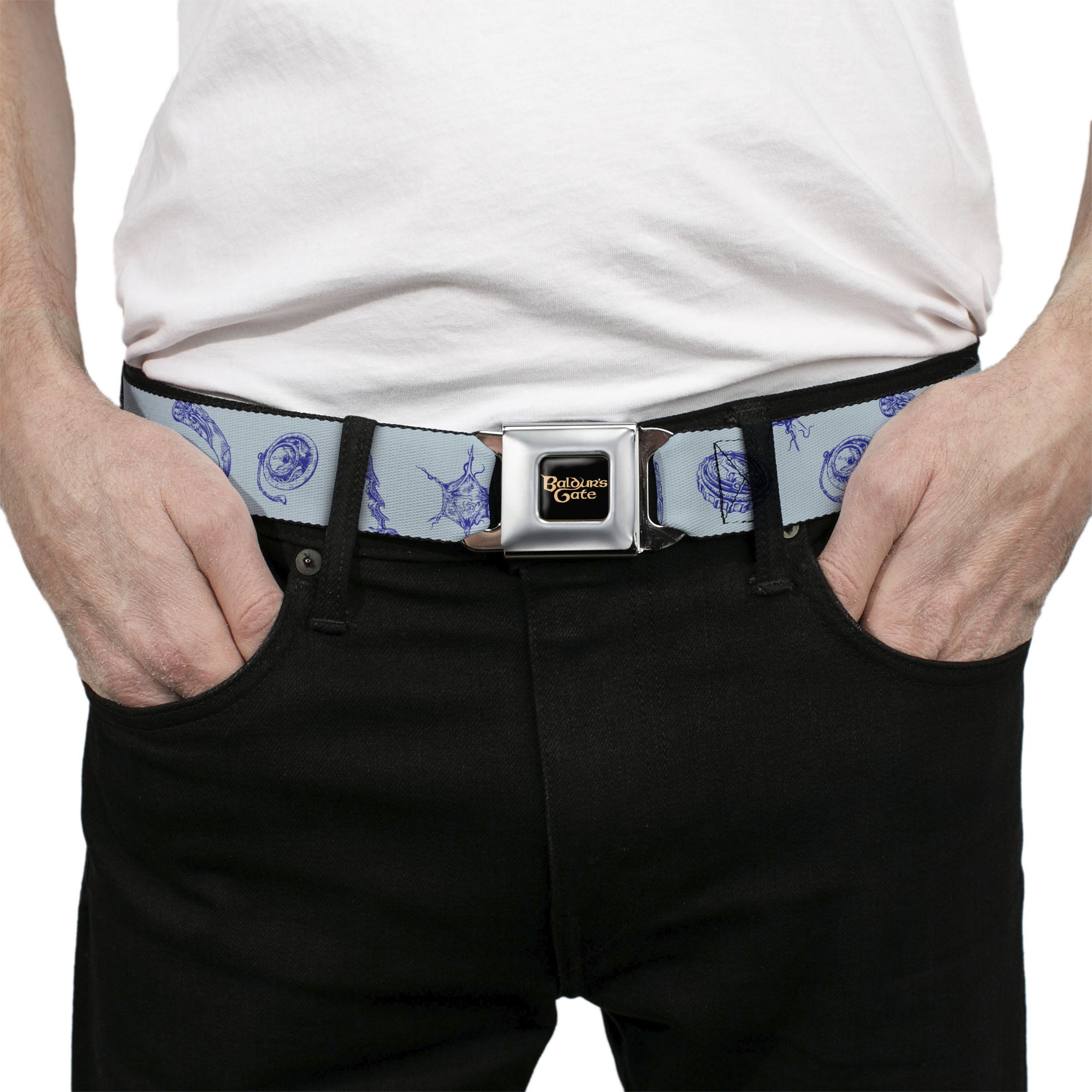 BALDUR'S GATE III Title Logo Full Color Black/Gold Seatbelt Belt - Baldur's Gate III Icons Scattered Blues Webbing Seatbelt Belts Baldur's Gate III