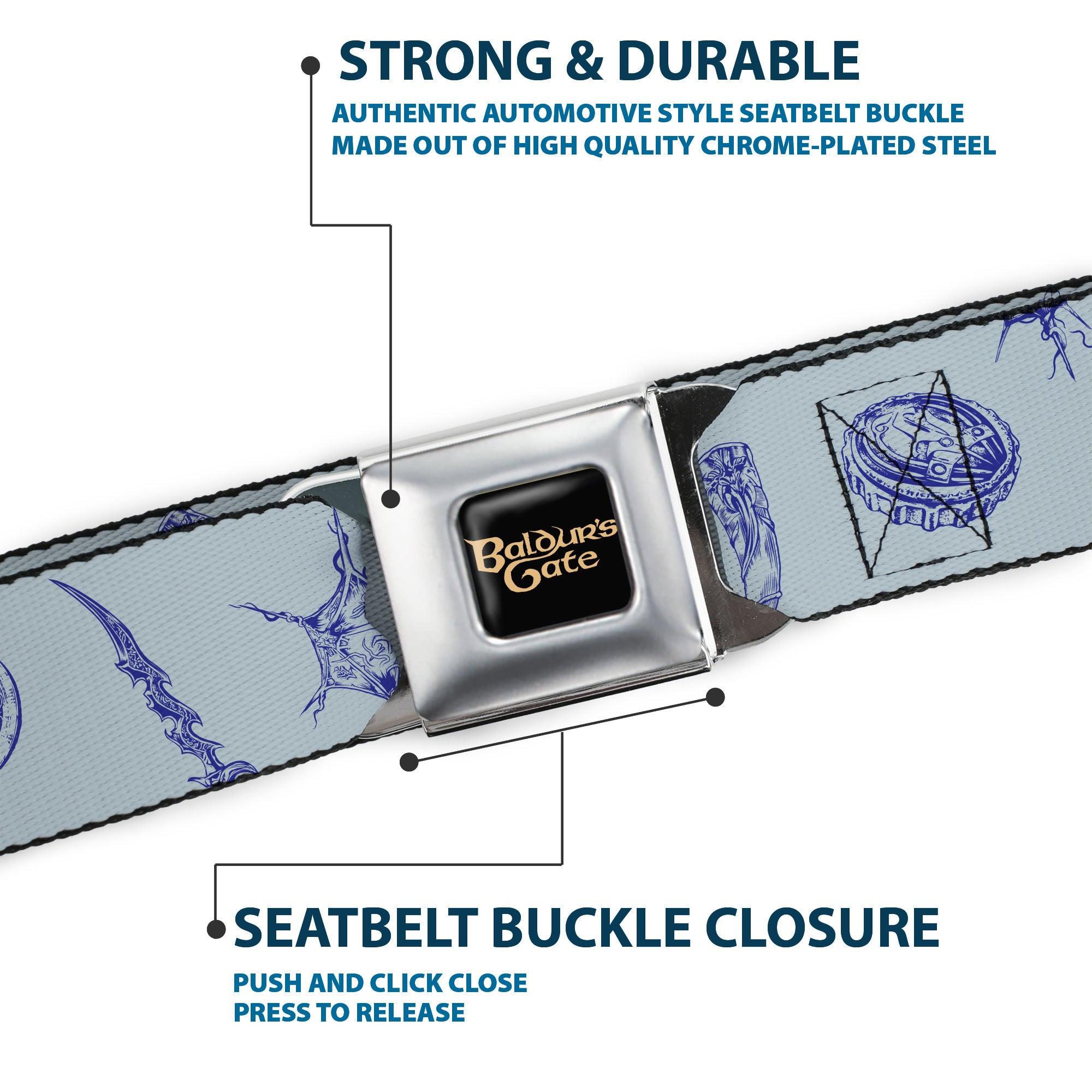 BALDUR'S GATE III Title Logo Full Color Black/Gold Seatbelt Belt - Baldur's Gate III Icons Scattered Blues Webbing Seatbelt Belts Baldur's Gate III