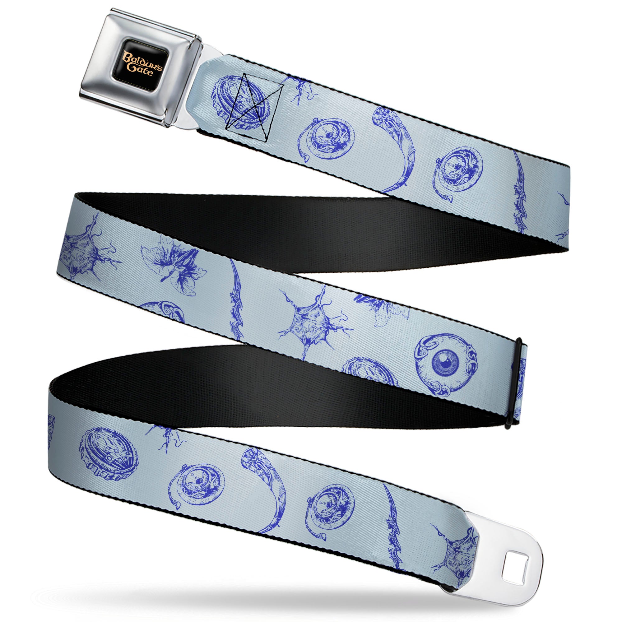 BALDUR'S GATE III Title Logo Full Color Black/Gold Seatbelt Belt - Baldur's Gate III Icons Scattered Blues Webbing Seatbelt Belts Baldur's Gate III