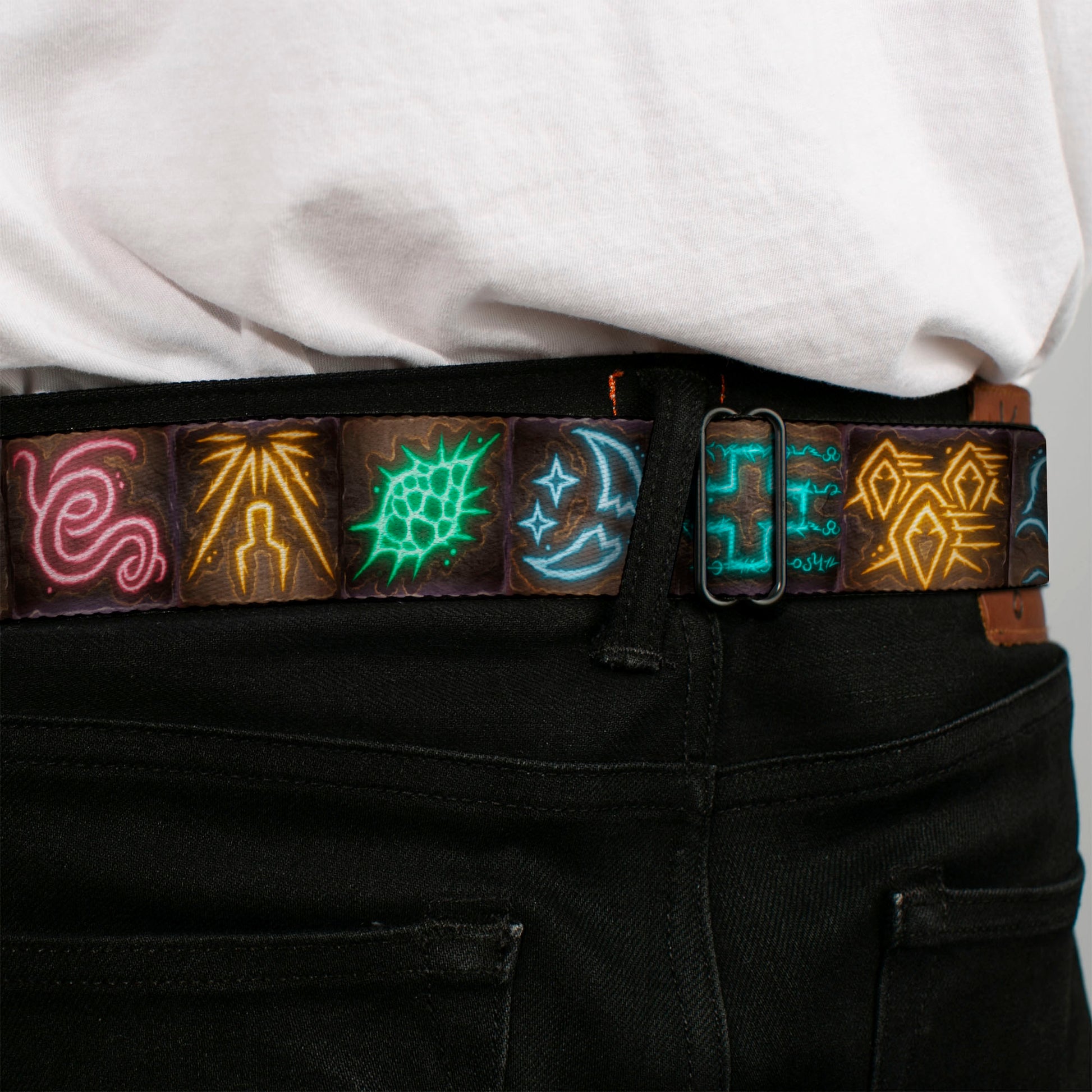 BALDUR'S GATE III Title Logo Full Color Black/Gold Seatbelt Belt - Baldur's Gate III Spells Icon Blocks Multi Color Webbing Seatbelt Belts Baldur's Gate III