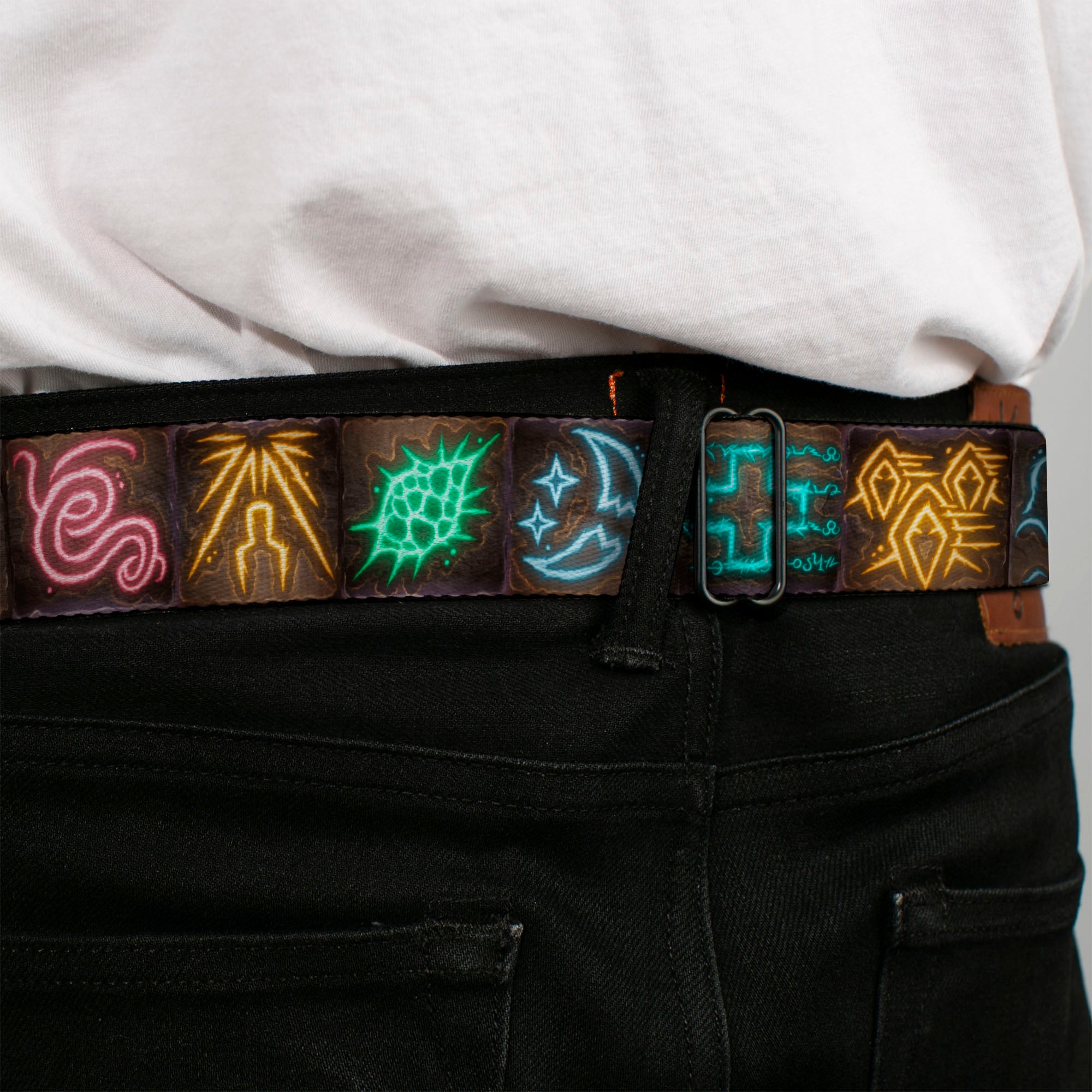 BALDUR'S GATE III Title Logo Full Color Black/Gold Seatbelt Belt - Baldur's Gate III Spells Icon Blocks Multi Color Webbing Seatbelt Belts Baldur's Gate III