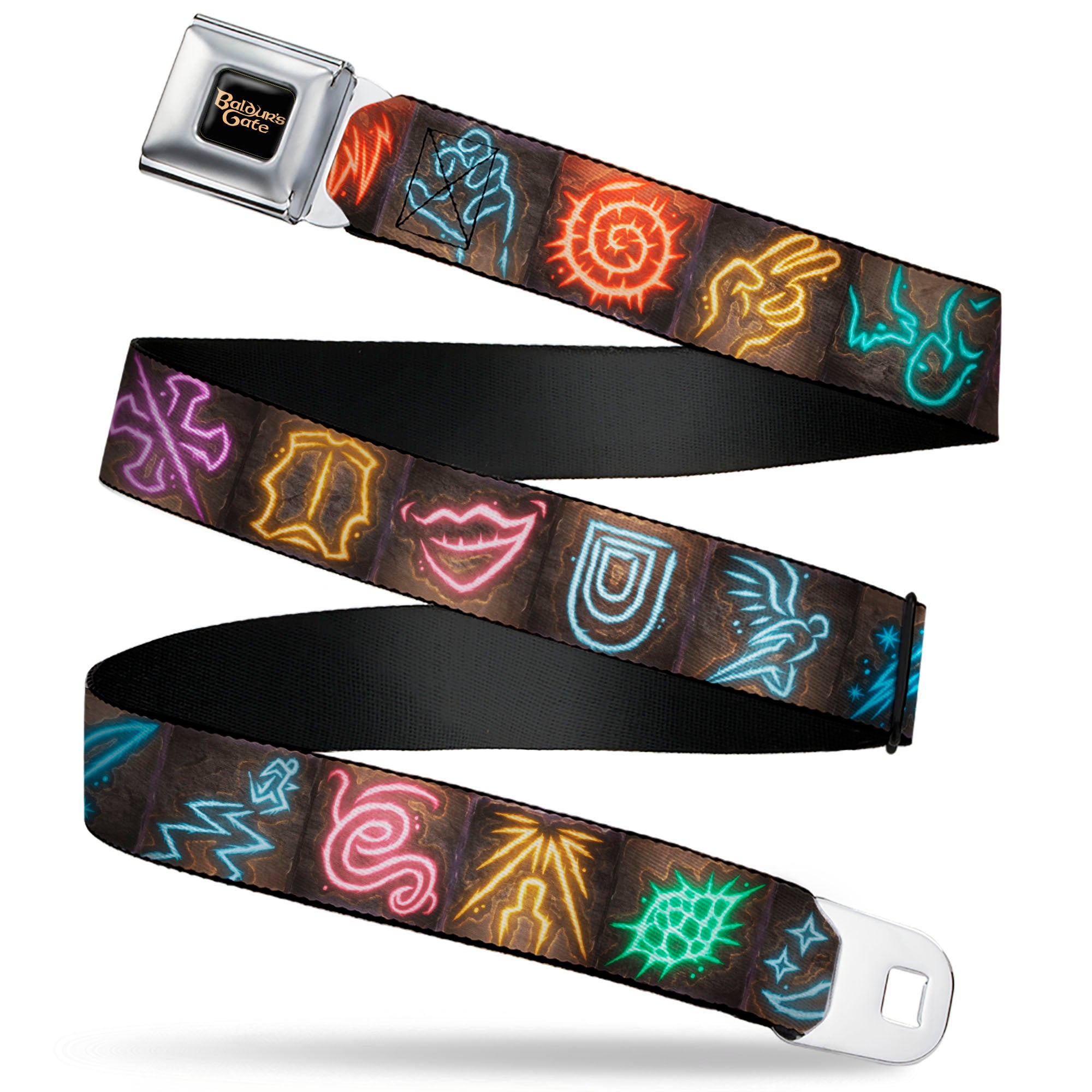 BALDUR'S GATE III Title Logo Full Color Black/Gold Seatbelt Belt - Baldur's Gate III Spells Icon Blocks Multi Color Webbing Seatbelt Belts Baldur's Gate III