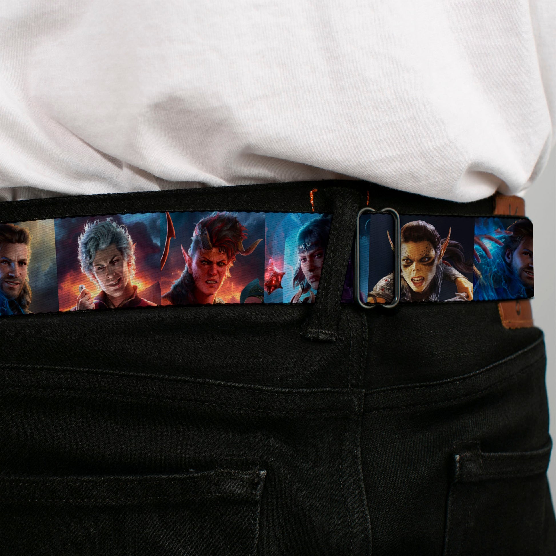 BALDUR'S GATE III Title Logo Full Color Black/Gold Seatbelt Belt - Baldur's Gate III Five Character Pose Blocks Webbing Seatbelt Belts Baldur's Gate III