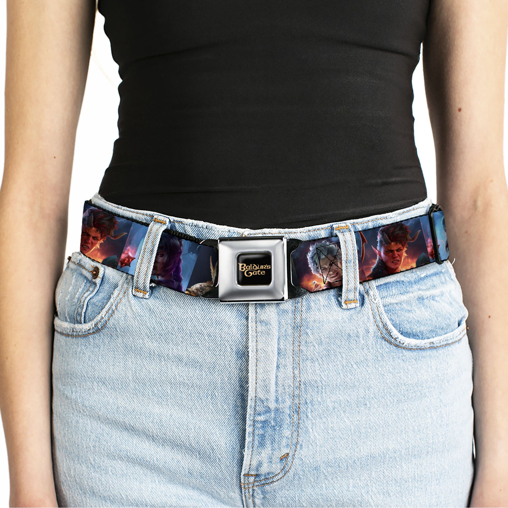 BALDUR'S GATE III Title Logo Full Color Black/Gold Seatbelt Belt - Baldur's Gate III Five Character Pose Blocks Webbing Seatbelt Belts Baldur's Gate III