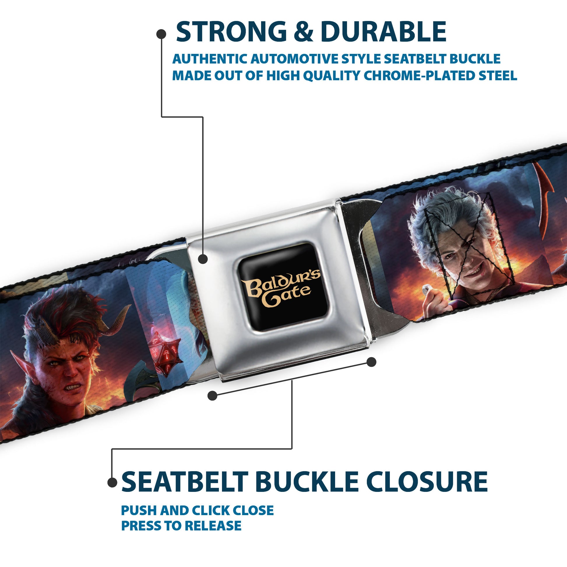 BALDUR'S GATE III Title Logo Full Color Black/Gold Seatbelt Belt - Baldur's Gate III Five Character Pose Blocks Webbing Seatbelt Belts Baldur's Gate III