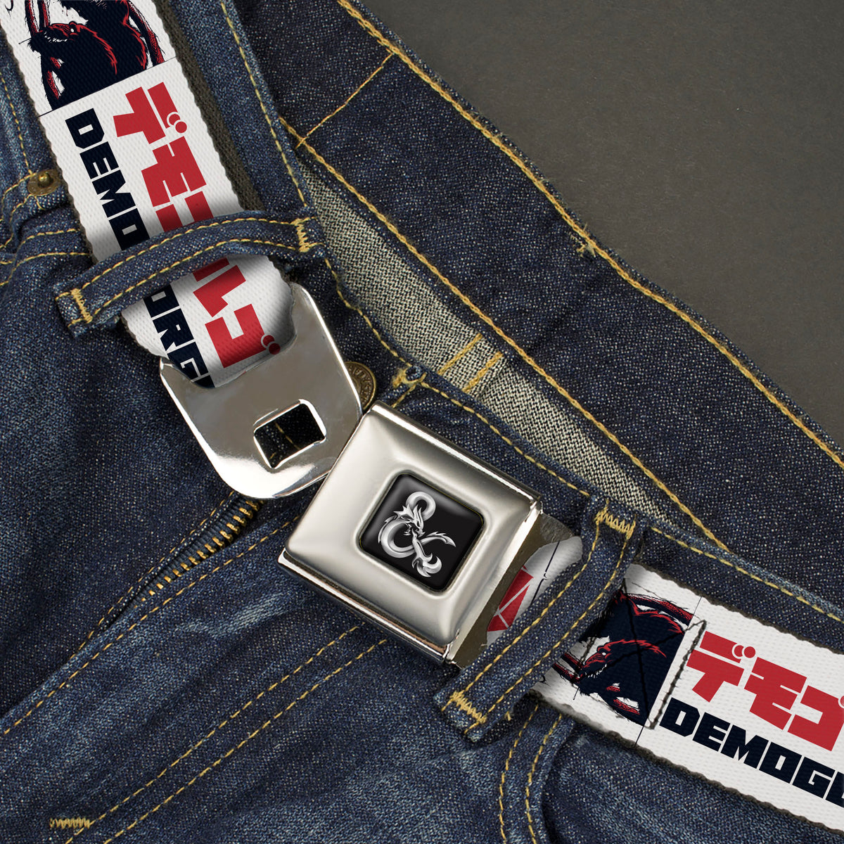 Dungeons & Dragons Ampersand Logo Full Color Black/Gray Seatbelt Belt - Dungeons & Dragons Logo with DEMOGORGON Text and Pose White/Red/Black Webbing Seatbelt Belts Dungeons & Dragons