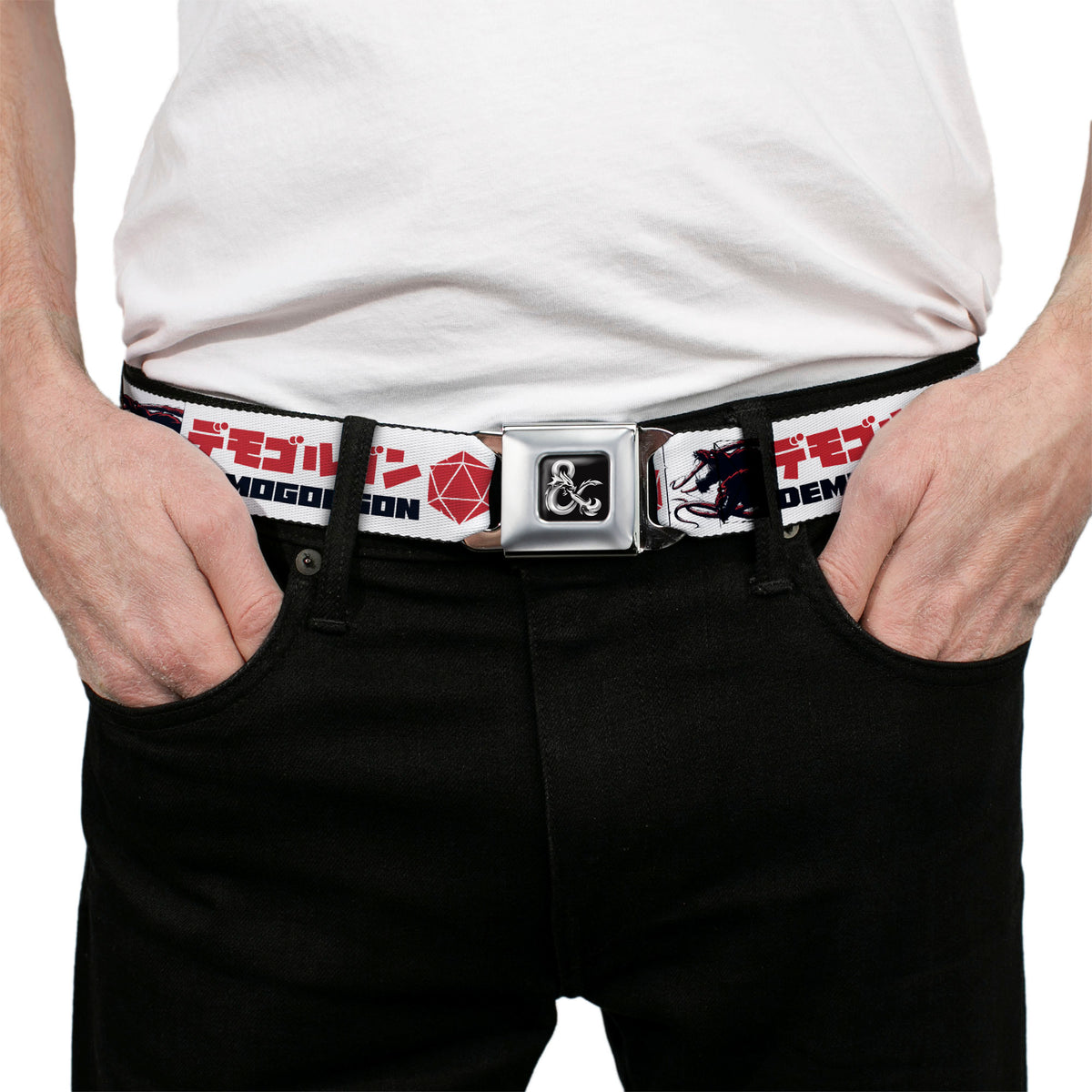Dungeons & Dragons Ampersand Logo Full Color Black/Gray Seatbelt Belt - Dungeons & Dragons Logo with DEMOGORGON Text and Pose White/Red/Black Webbing Seatbelt Belts Dungeons & Dragons