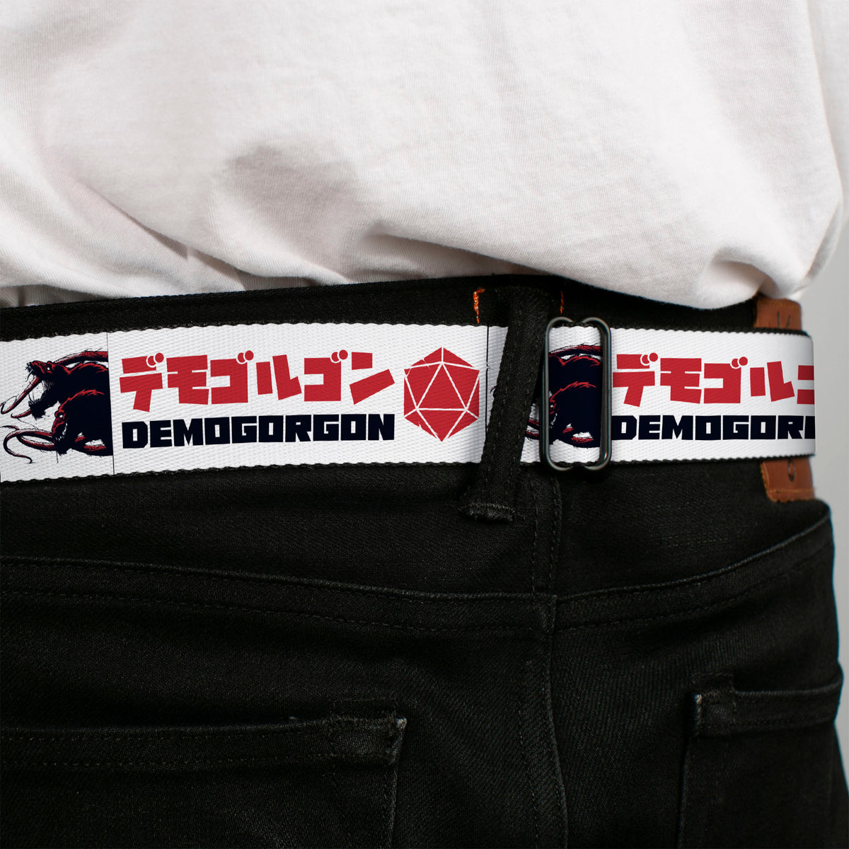 Dungeons & Dragons Ampersand Logo Full Color Black/Gray Seatbelt Belt - Dungeons & Dragons Logo with DEMOGORGON Text and Pose White/Red/Black Webbing Seatbelt Belts Dungeons & Dragons