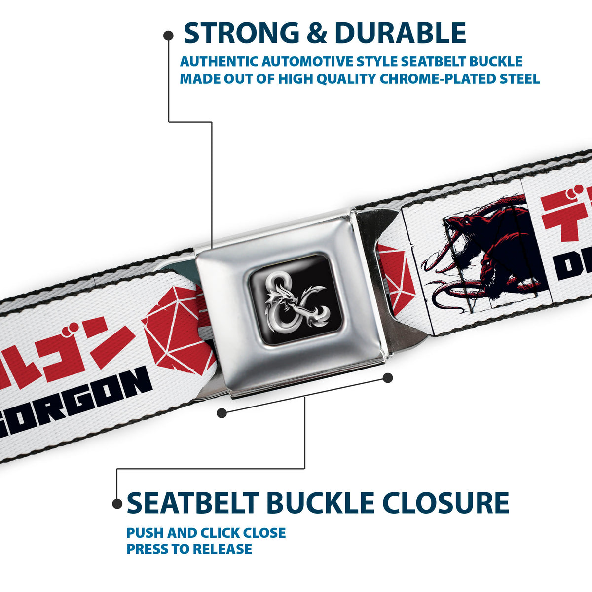 Dungeons & Dragons Ampersand Logo Full Color Black/Gray Seatbelt Belt - Dungeons & Dragons Logo with DEMOGORGON Text and Pose White/Red/Black Webbing Seatbelt Belts Dungeons & Dragons