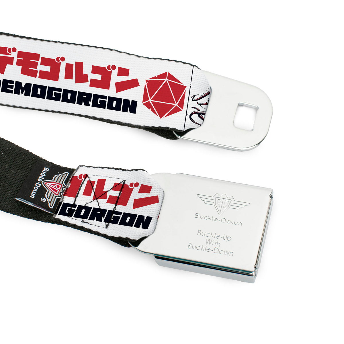 Dungeons & Dragons Ampersand Logo Full Color Black/Gray Seatbelt Belt - Dungeons & Dragons Logo with DEMOGORGON Text and Pose White/Red/Black Webbing Seatbelt Belts Dungeons & Dragons