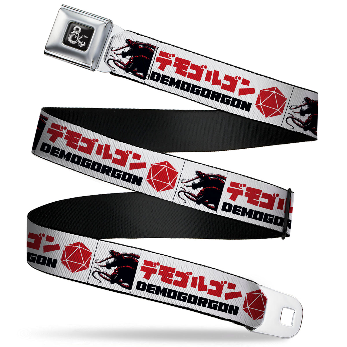 Dungeons & Dragons Ampersand Logo Full Color Black/Gray Seatbelt Belt - Dungeons & Dragons Logo with DEMOGORGON Text and Pose White/Red/Black Webbing Seatbelt Belts Dungeons & Dragons