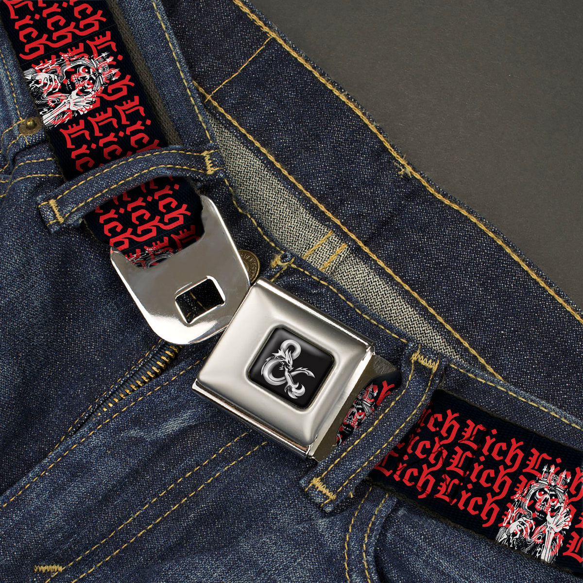 Dungeons & Dragons Ampersand Logo Full Color Black/Gray Seatbelt Belt - Dungeons & Dragons LICH Text Black/Red Webbing Seatbelt Belts Dungeons & Dragons