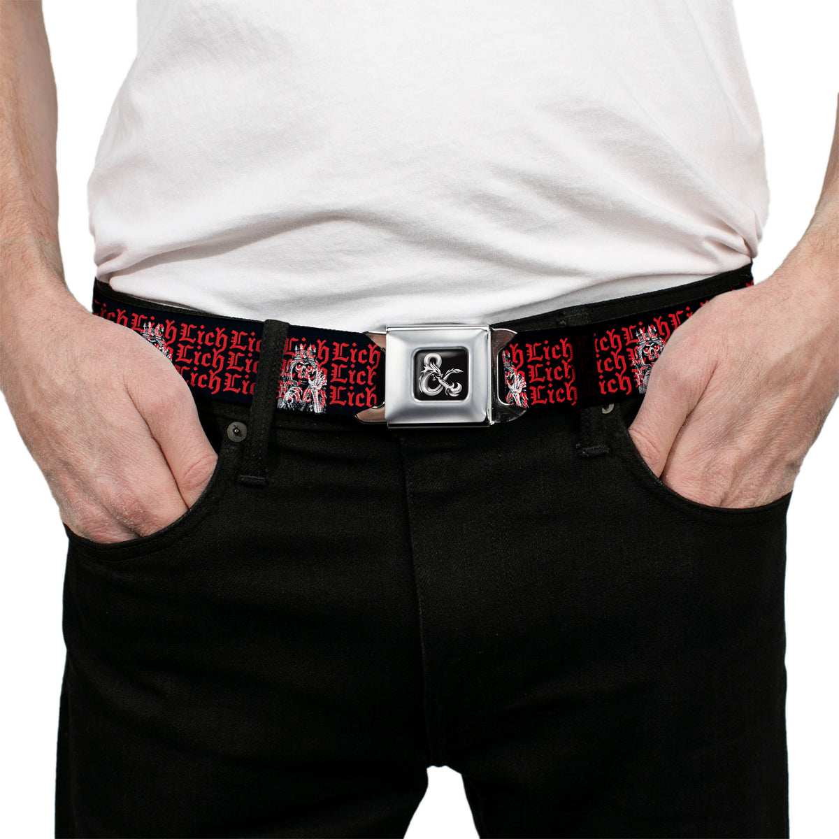 Dungeons & Dragons Ampersand Logo Full Color Black/Gray Seatbelt Belt - Dungeons & Dragons LICH Text Black/Red Webbing Seatbelt Belts Dungeons & Dragons