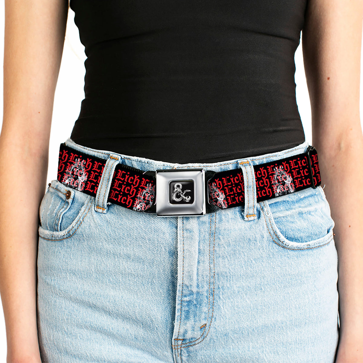 Dungeons & Dragons Ampersand Logo Full Color Black/Gray Seatbelt Belt - Dungeons & Dragons LICH Text Black/Red Webbing Seatbelt Belts Dungeons & Dragons