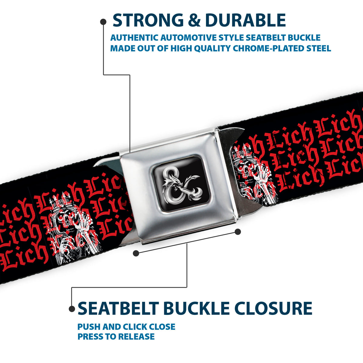 Dungeons & Dragons Ampersand Logo Full Color Black/Gray Seatbelt Belt - Dungeons & Dragons LICH Text Black/Red Webbing Seatbelt Belts Dungeons & Dragons