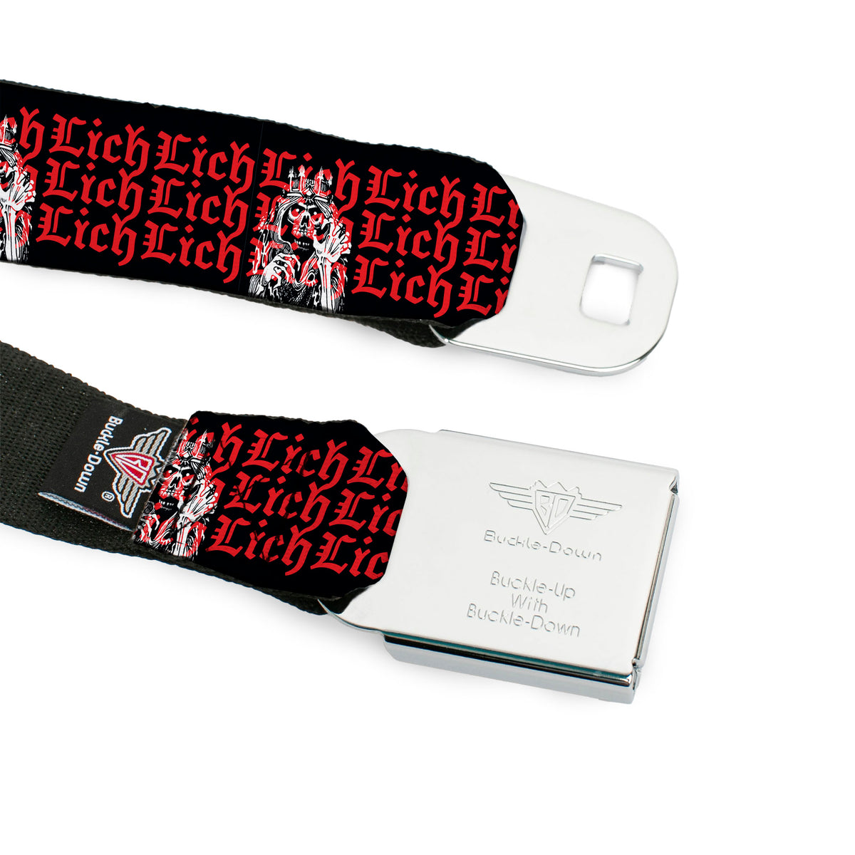 Dungeons & Dragons Ampersand Logo Full Color Black/Gray Seatbelt Belt - Dungeons & Dragons LICH Text Black/Red Webbing Seatbelt Belts Dungeons & Dragons