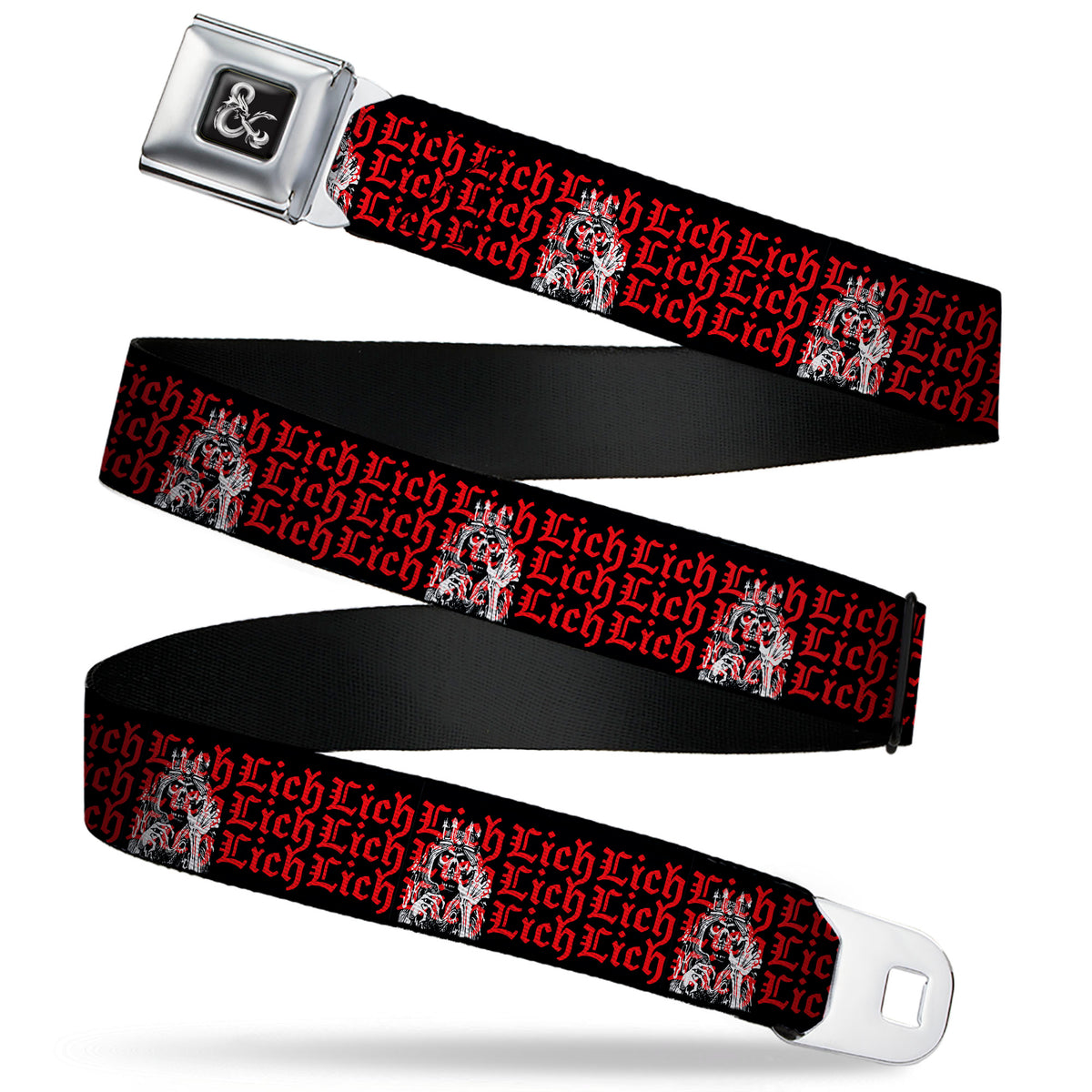 Dungeons & Dragons Ampersand Logo Full Color Black/Gray Seatbelt Belt - Dungeons & Dragons LICH Text Black/Red Webbing Seatbelt Belts Dungeons & Dragons