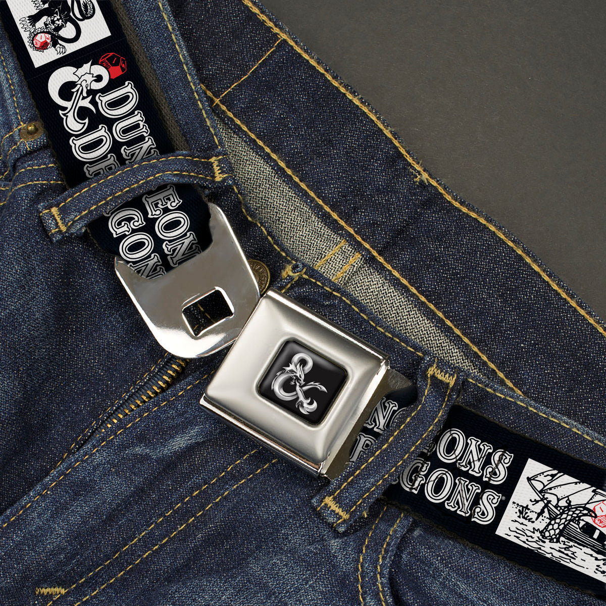 Dungeons & Dragons Ampersand Logo Full Color Black/Gray Seatbelt Belt - DUNGEONS & DRAGONS Text and Monster Illustration Blocks Black/White Webbing Seatbelt Belts Dungeons & Dragons